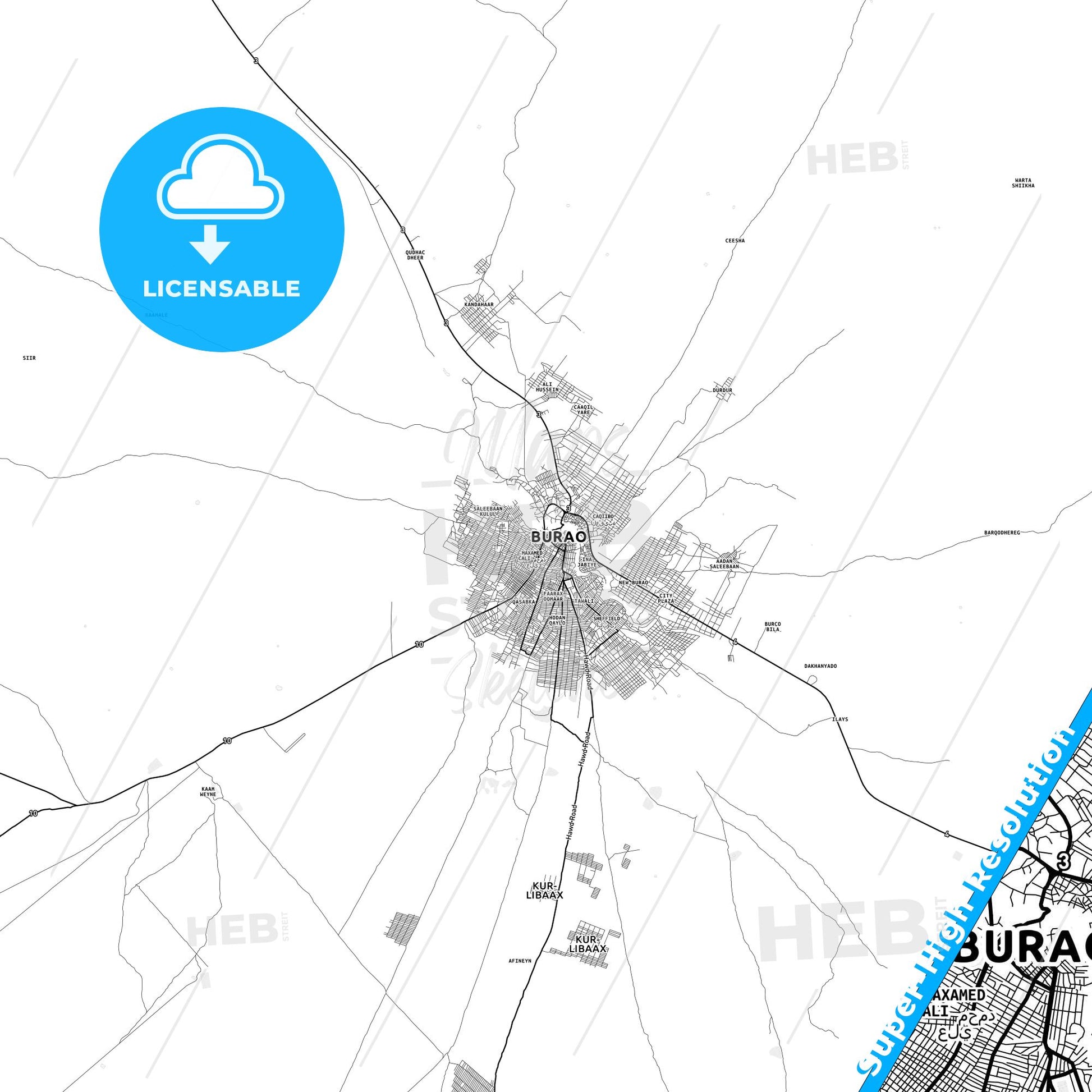 Burao, Somalia light map with streetnames, citynames and districts