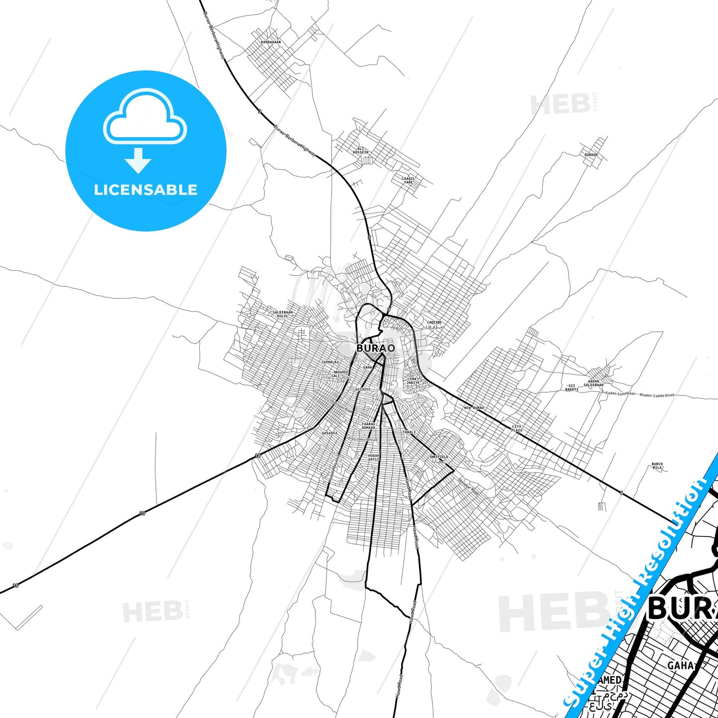 Burao, Somalia Light Map with Street Names, City Names, and Districts