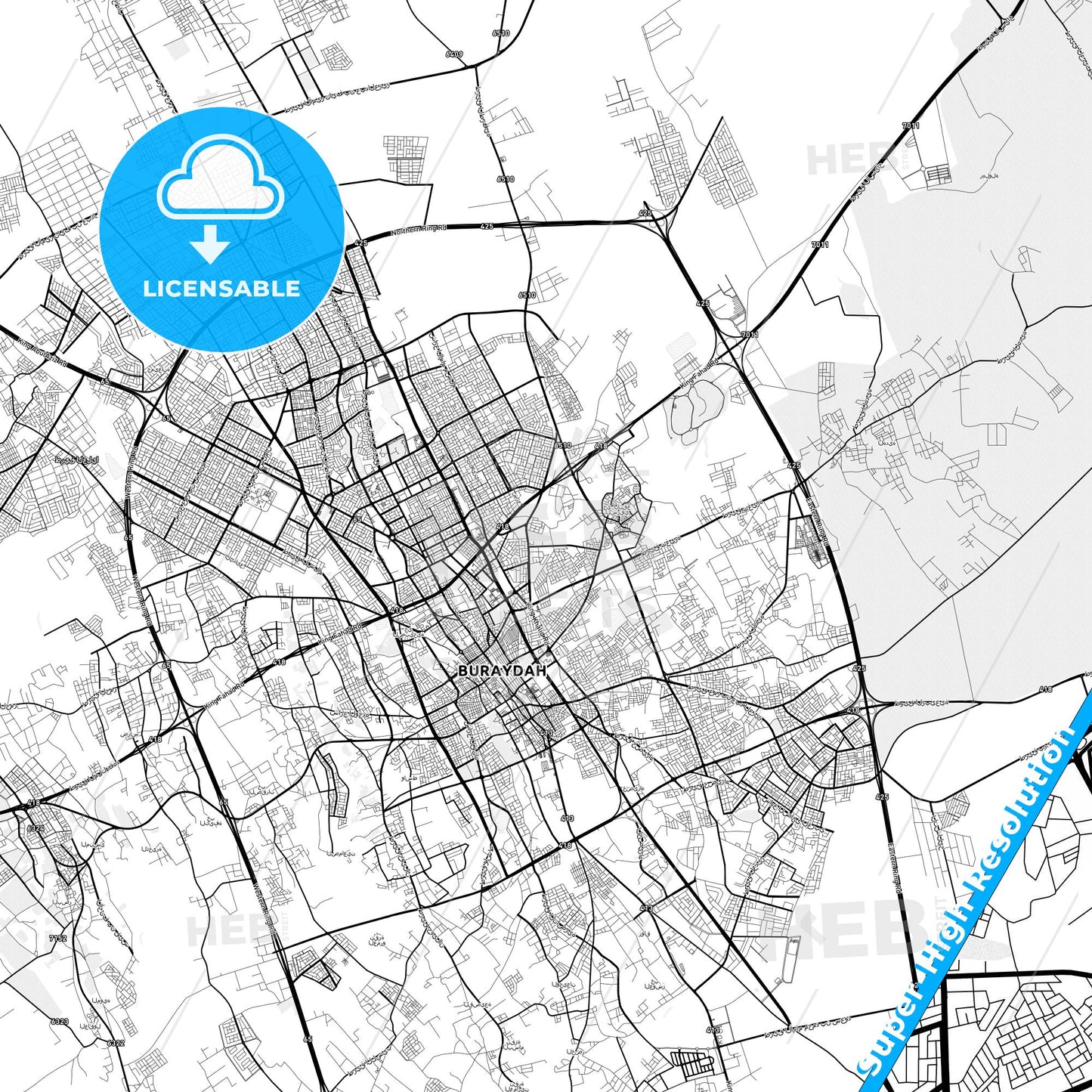 Buraydah, Saudi Arabia light map with streetnames, citynames and districts