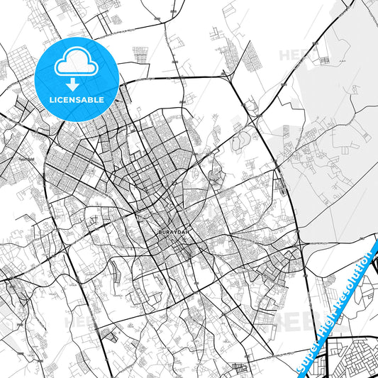 Buraydah, Saudi Arabia light map with streetnames, citynames and districts