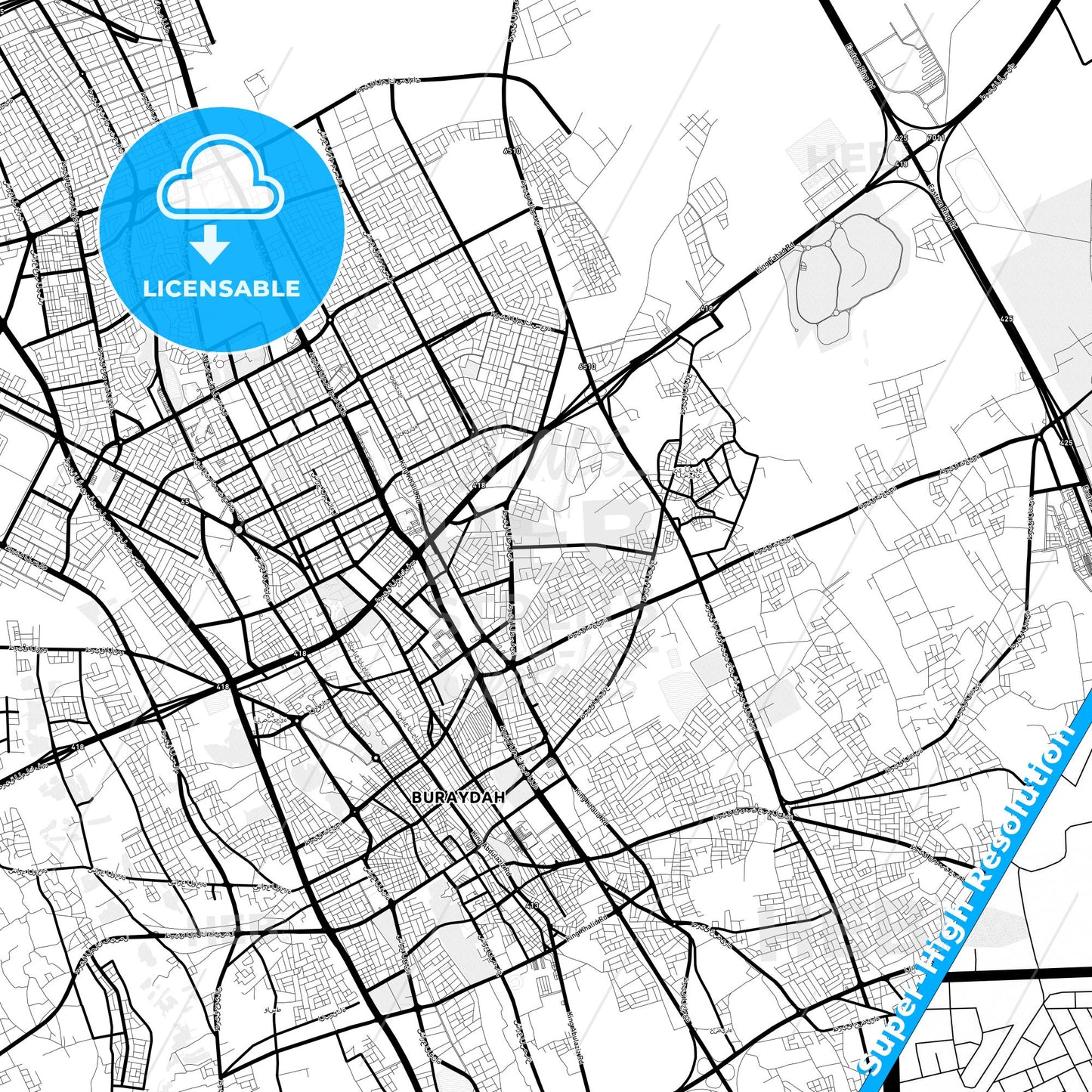 Buraydah, Saudi Arabia Light Map with Street Names, City Names, and Districts