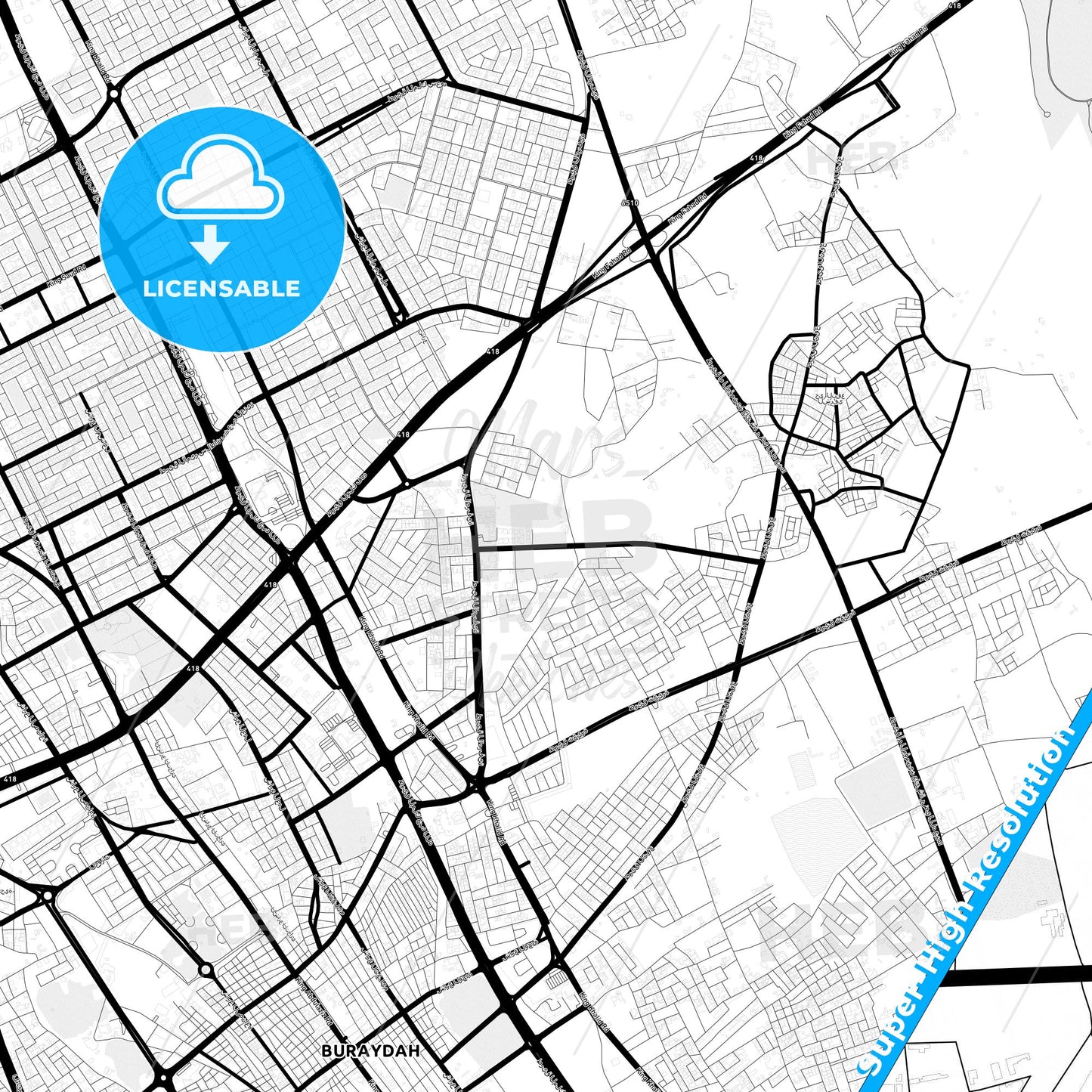 Buraydah, Saudi Arabia Light Map with Street Names, City Names, and Districts