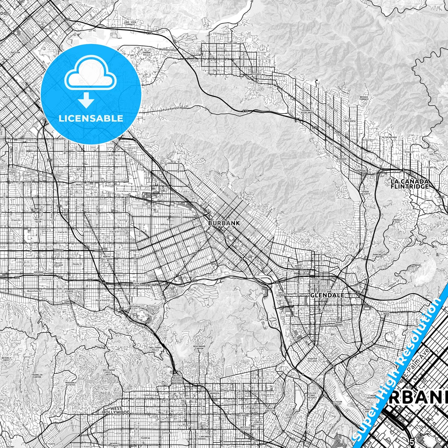 Burbank, California light map with streetnames, citynames and districts