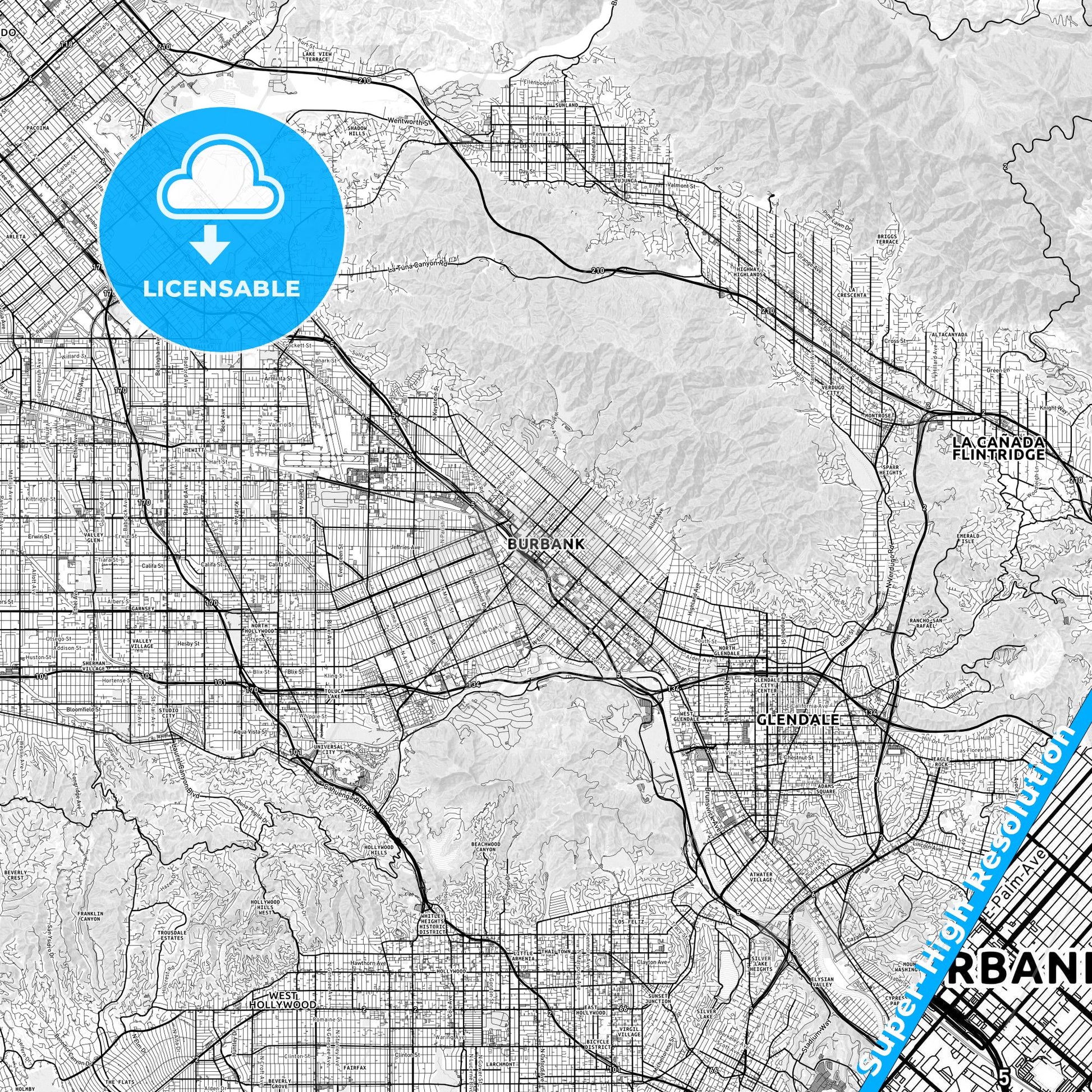 Burbank, California light map with streetnames, citynames and districts