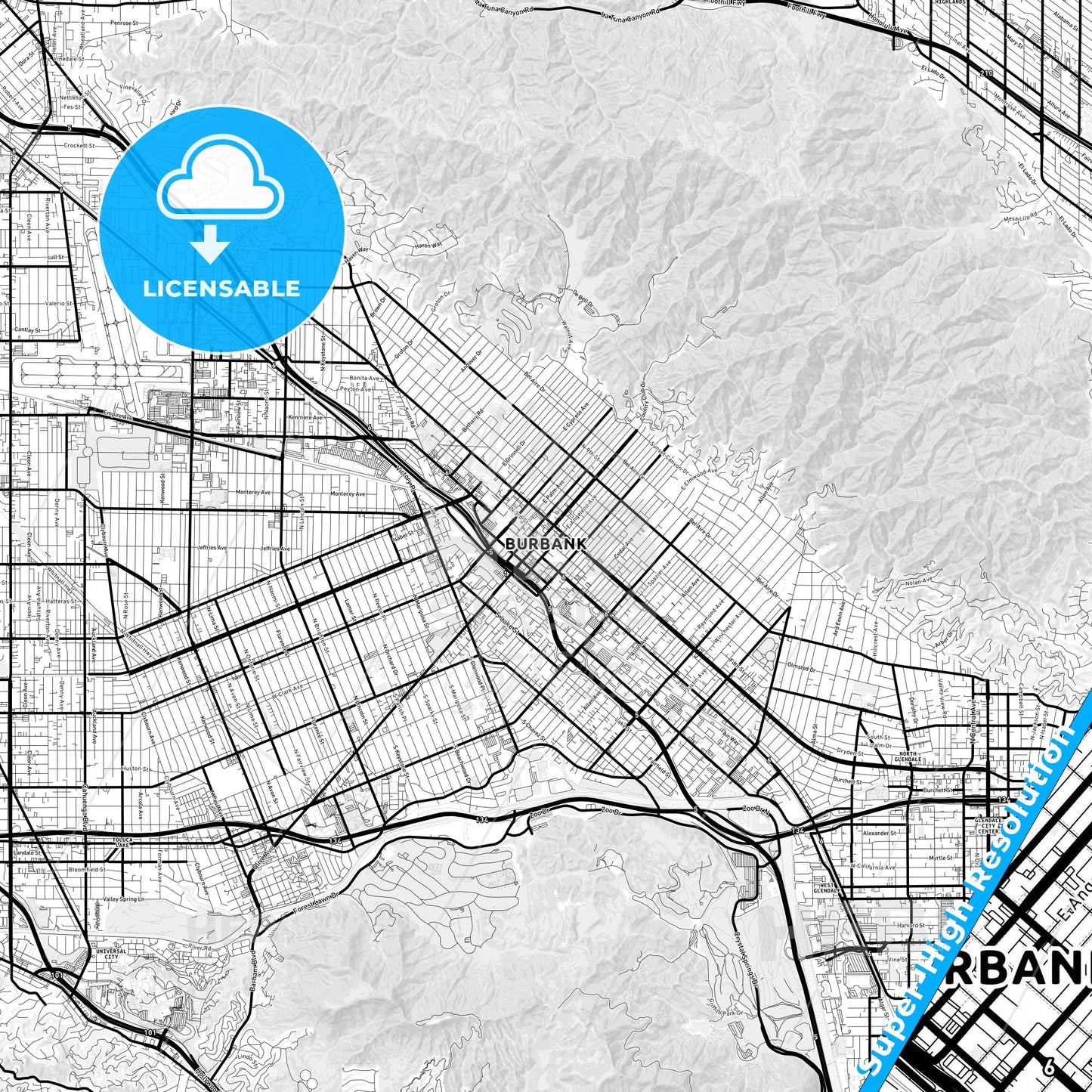 Burbank, California Light Map with Street Names, City Names, and Districts