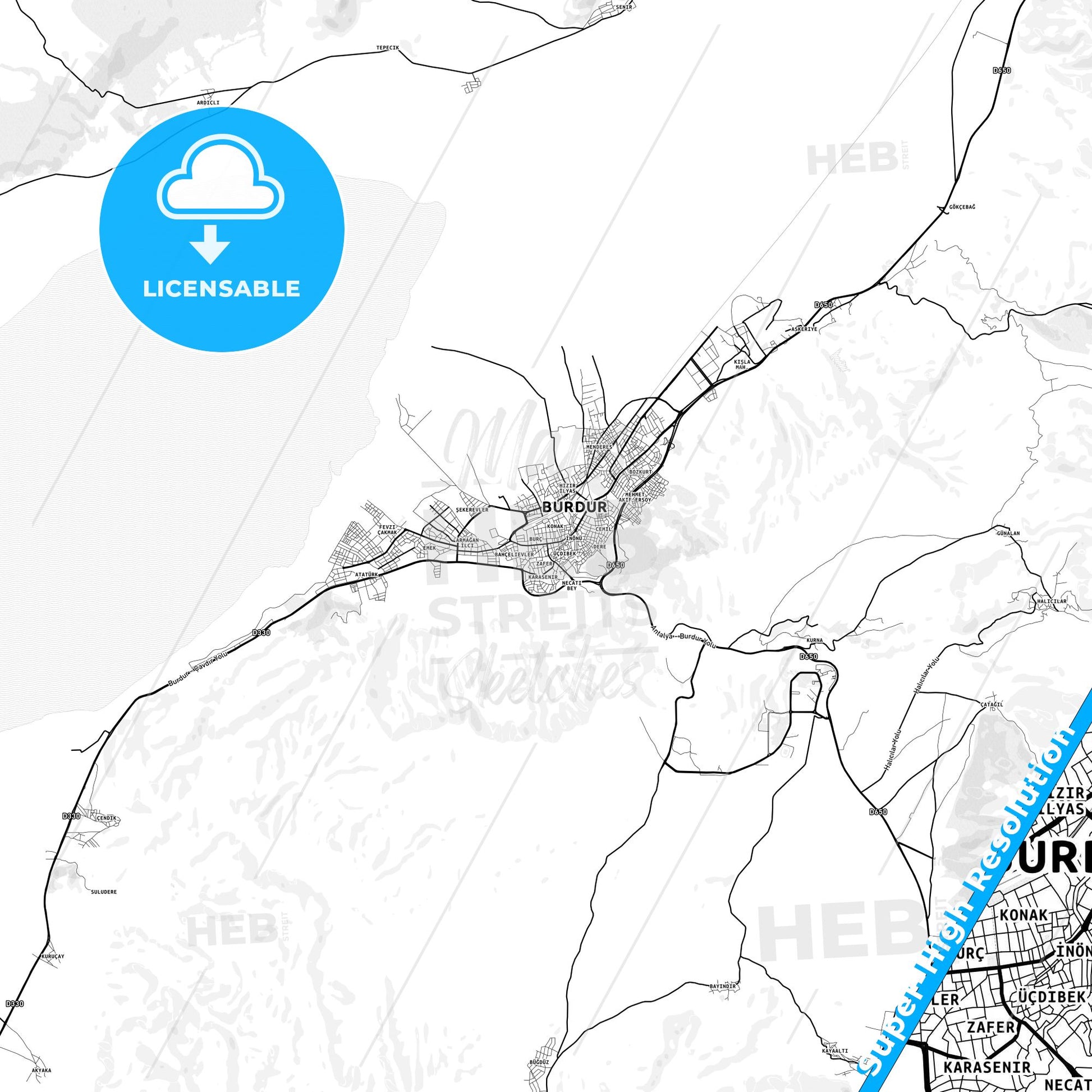 Burdur, Turkey light map with streetnames, citynames and districts