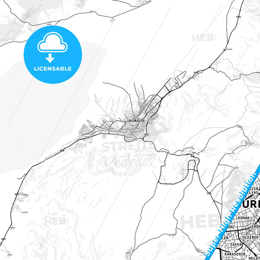 Burdur, Turkey light map with streetnames, citynames and districts