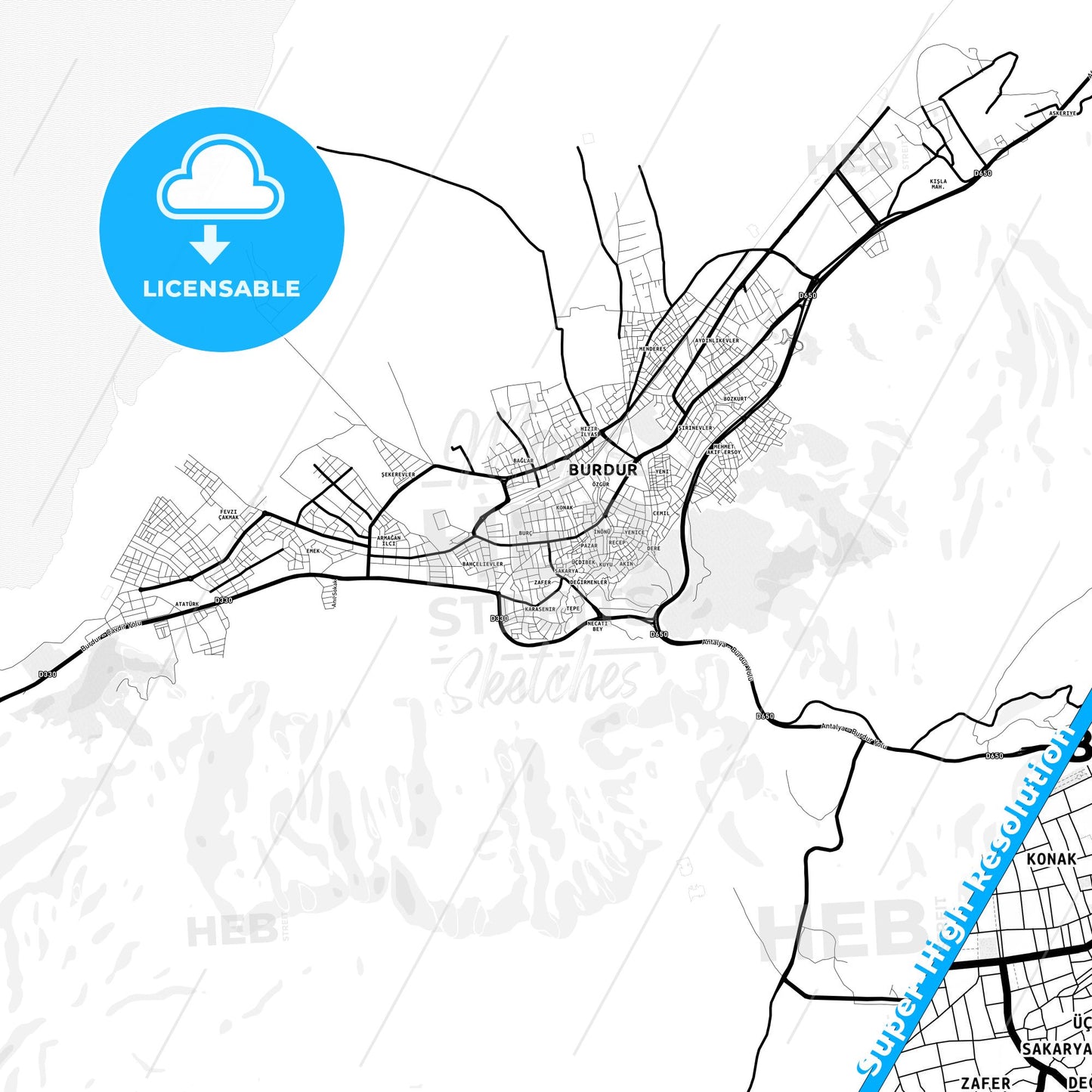 Burdur, Turkey Light Map with Street Names, City Names, and Districts