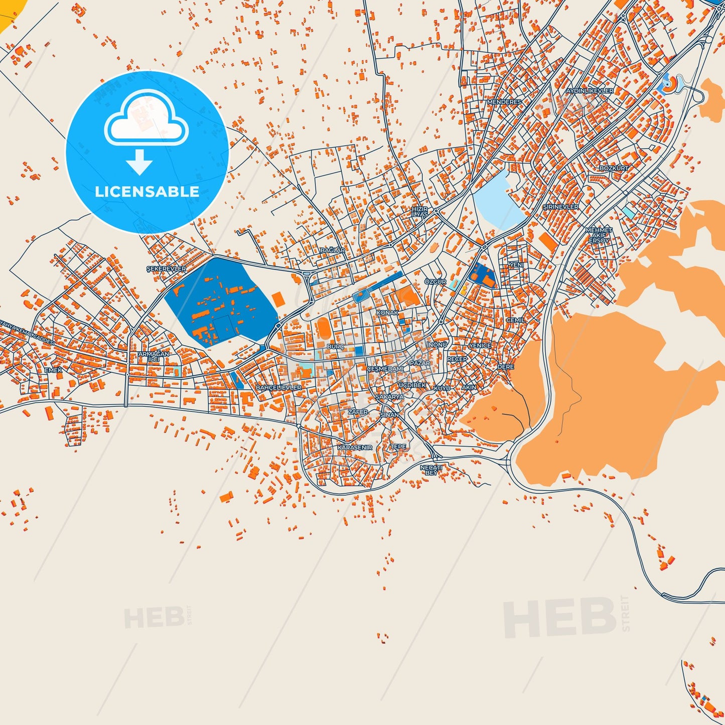 Colorful Burdur Street Map with Labels and Buildings