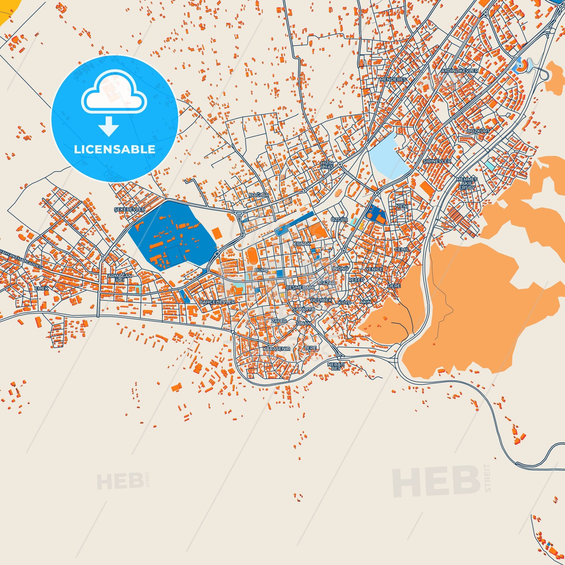 Colorful Burdur Street Map with Labels and Buildings
