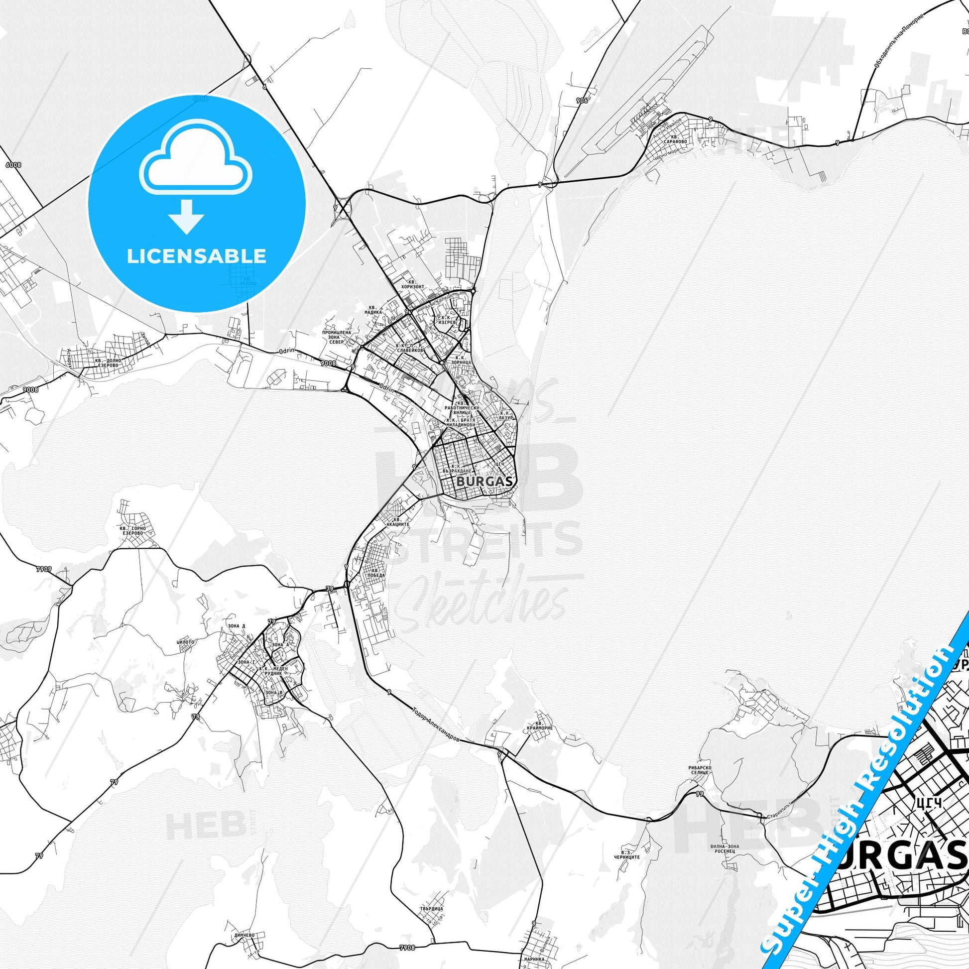 Burgas, Bulgaria light map with streetnames, citynames and districts