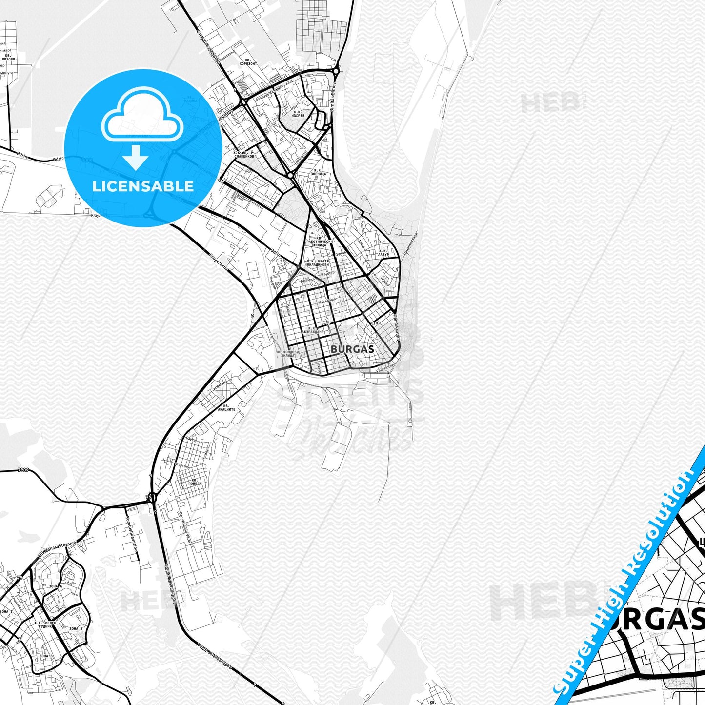 Burgas, Bulgaria Light Map with Street Names, City Names, and Districts