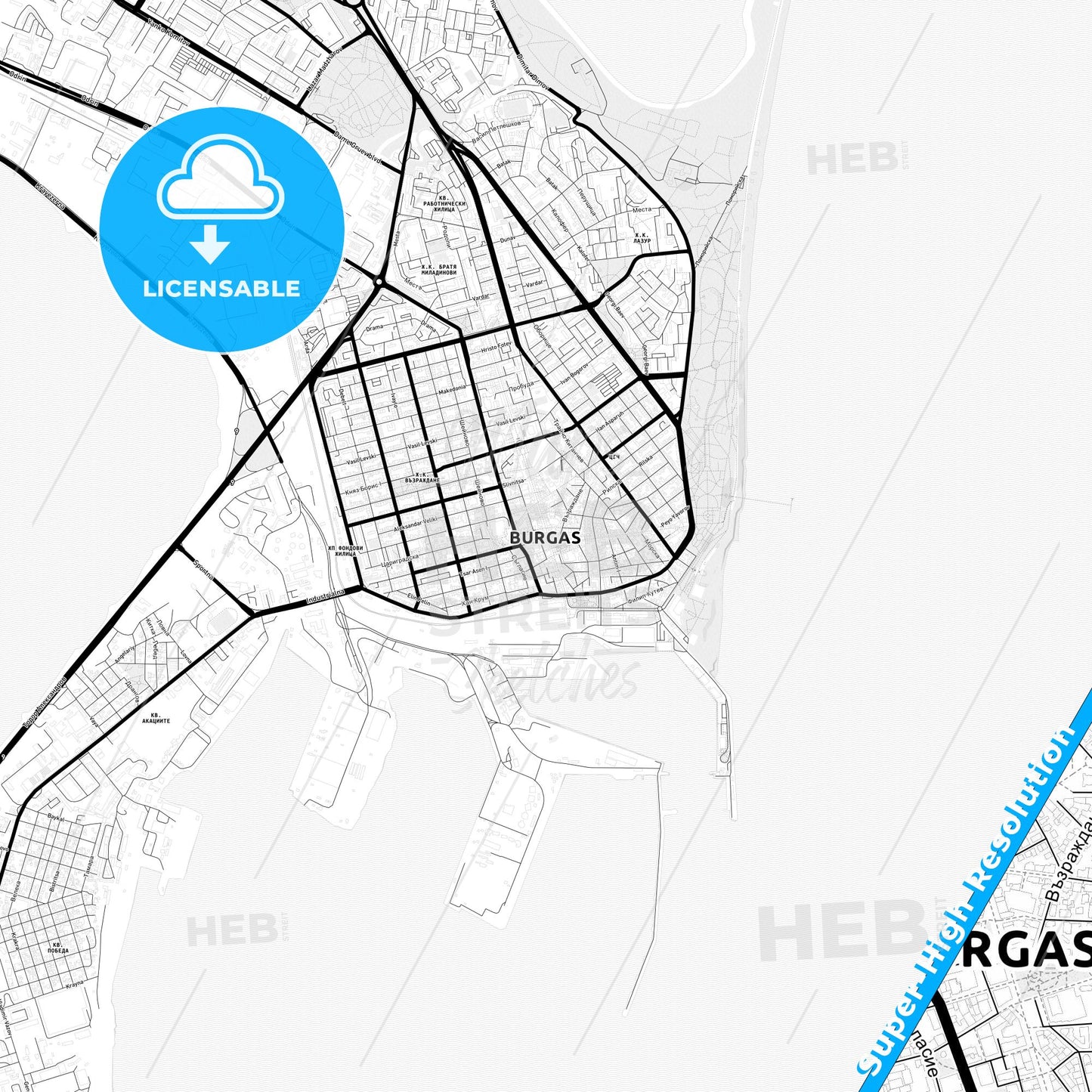 Burgas, Bulgaria Light Map with Street Names, City Names, and Districts