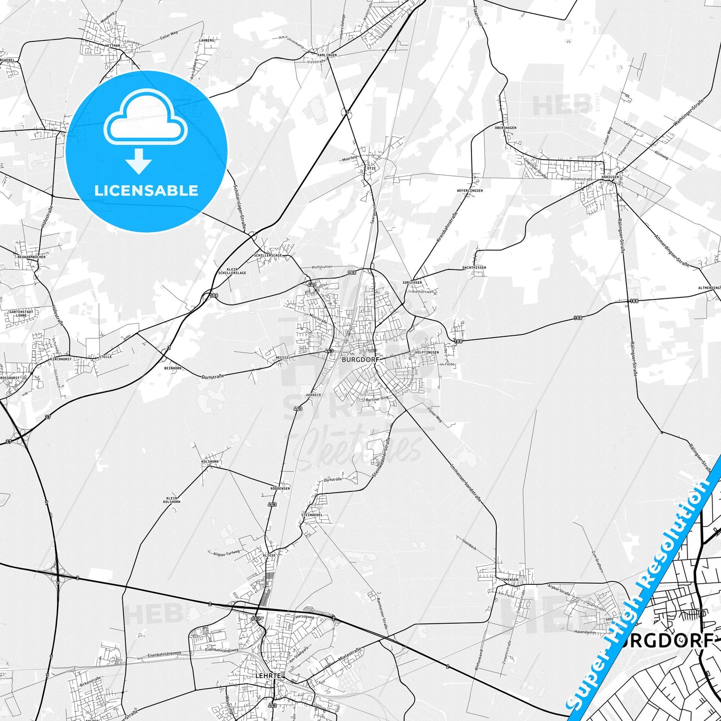 Burgdorf, Germany light map with streetnames, citynames and districts