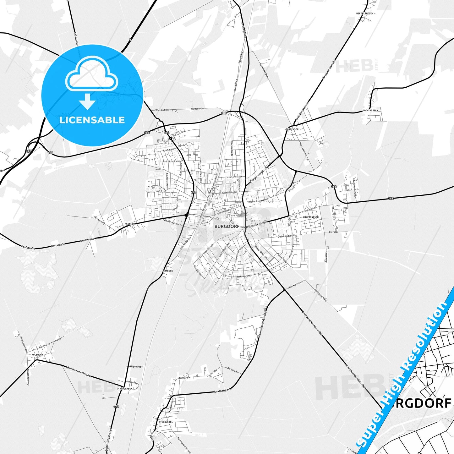 Burgdorf, Germany Light Map with Street Names, City Names, and Districts