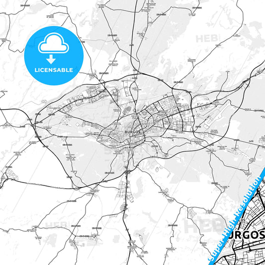 Burgos, Spain light map with streetnames, citynames and districts