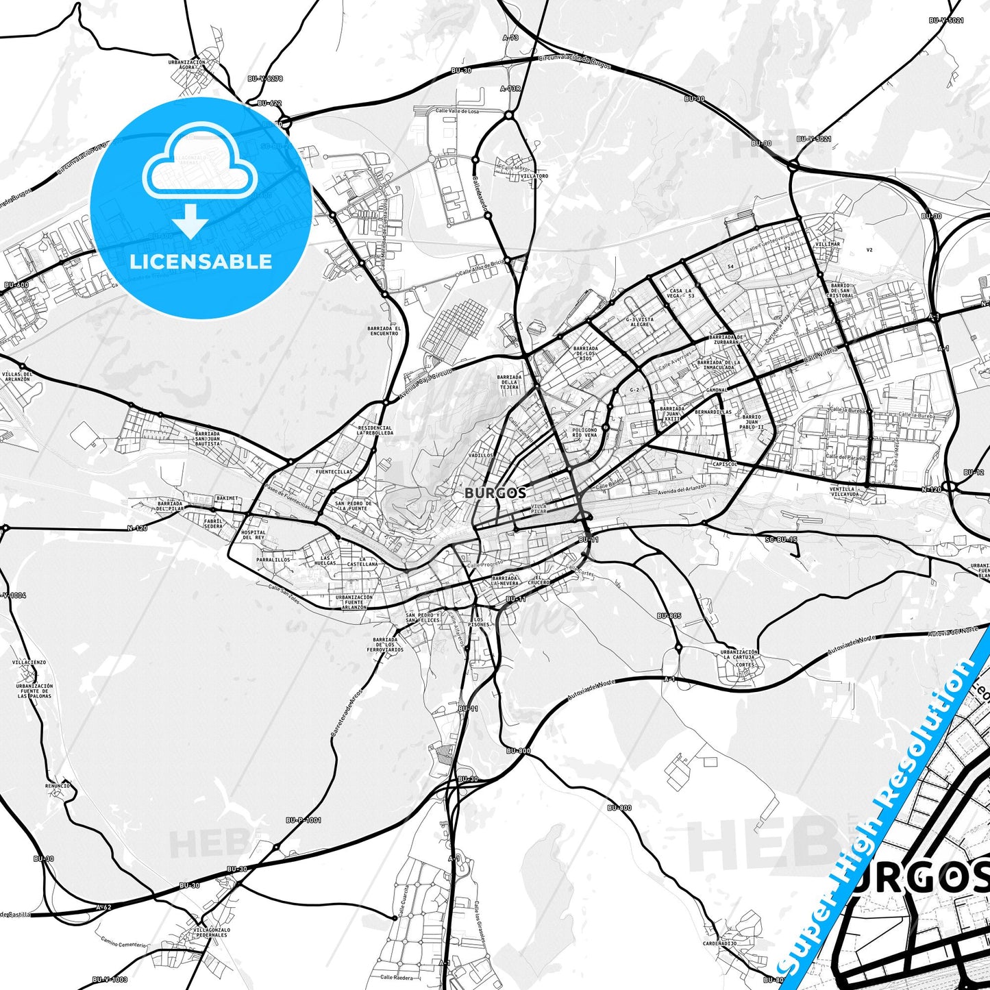 Burgos, Spain Light Map with Street Names, City Names, and Districts