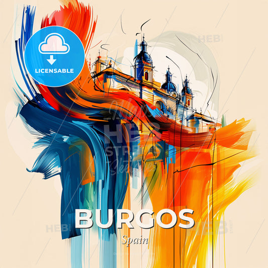 Vibrant Burgos, Spain - A Painting Of A Building With A Colorful Brushstroke - Square format print template