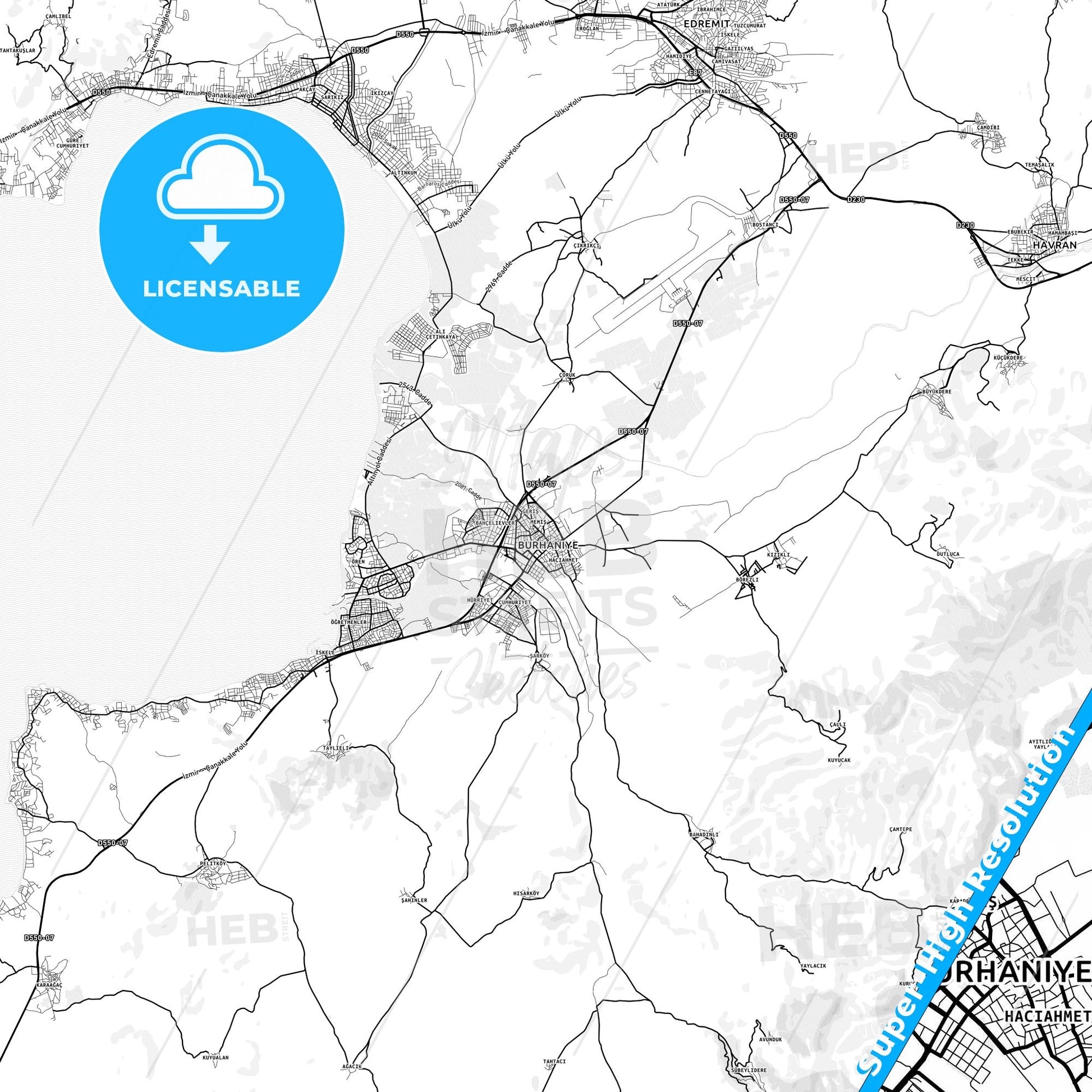 Burhaniye, Turkey light map with streetnames, citynames and districts