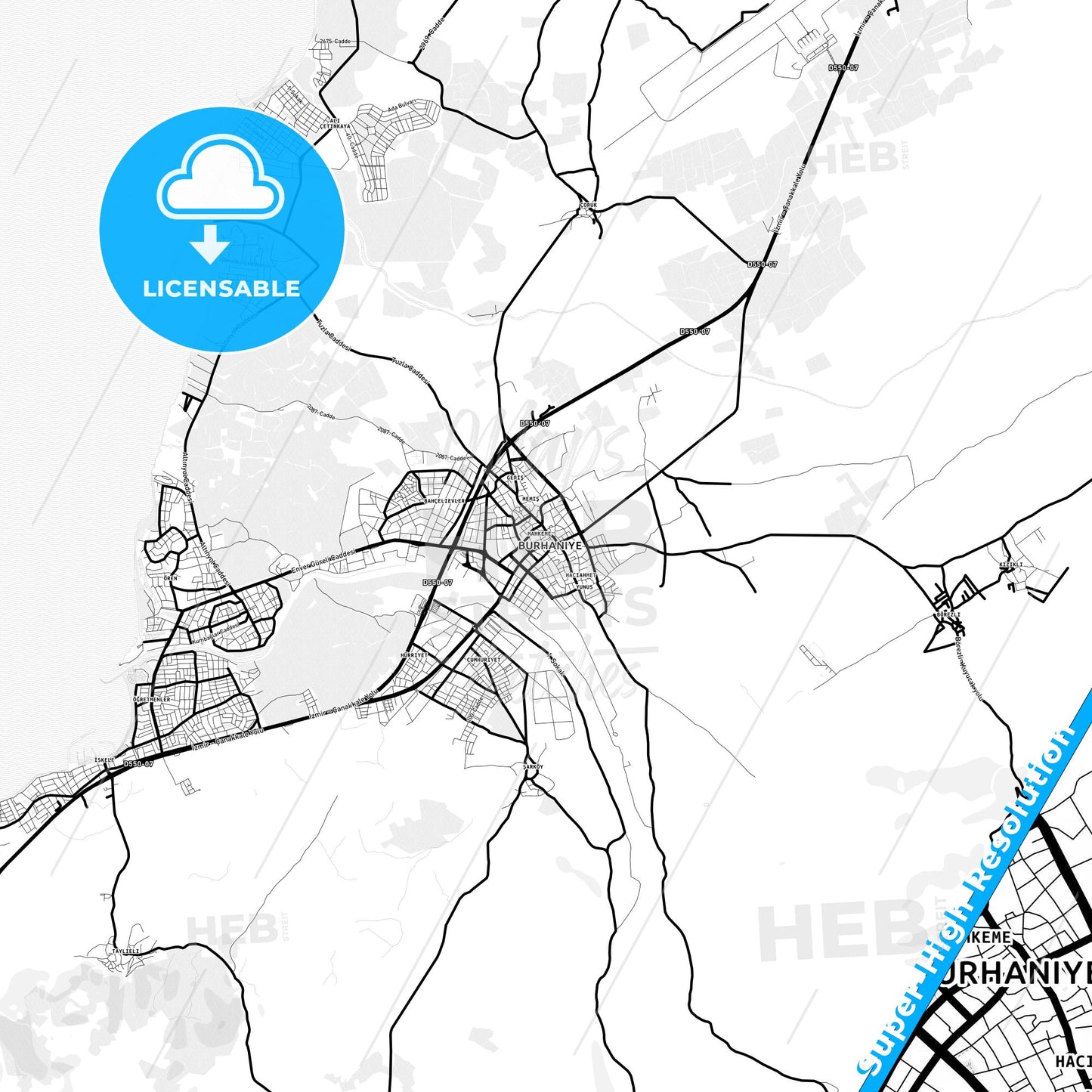 Burhaniye, Turkey Light Map with Street Names, City Names, and Districts