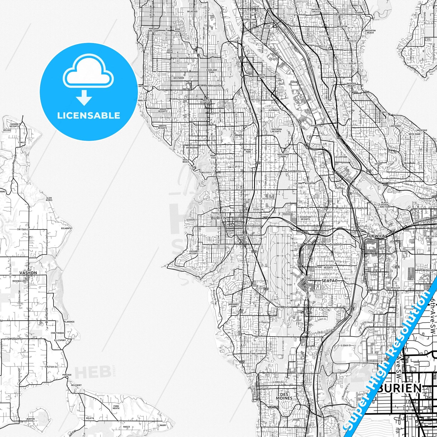 Burien, Washington light map with streetnames, citynames and districts