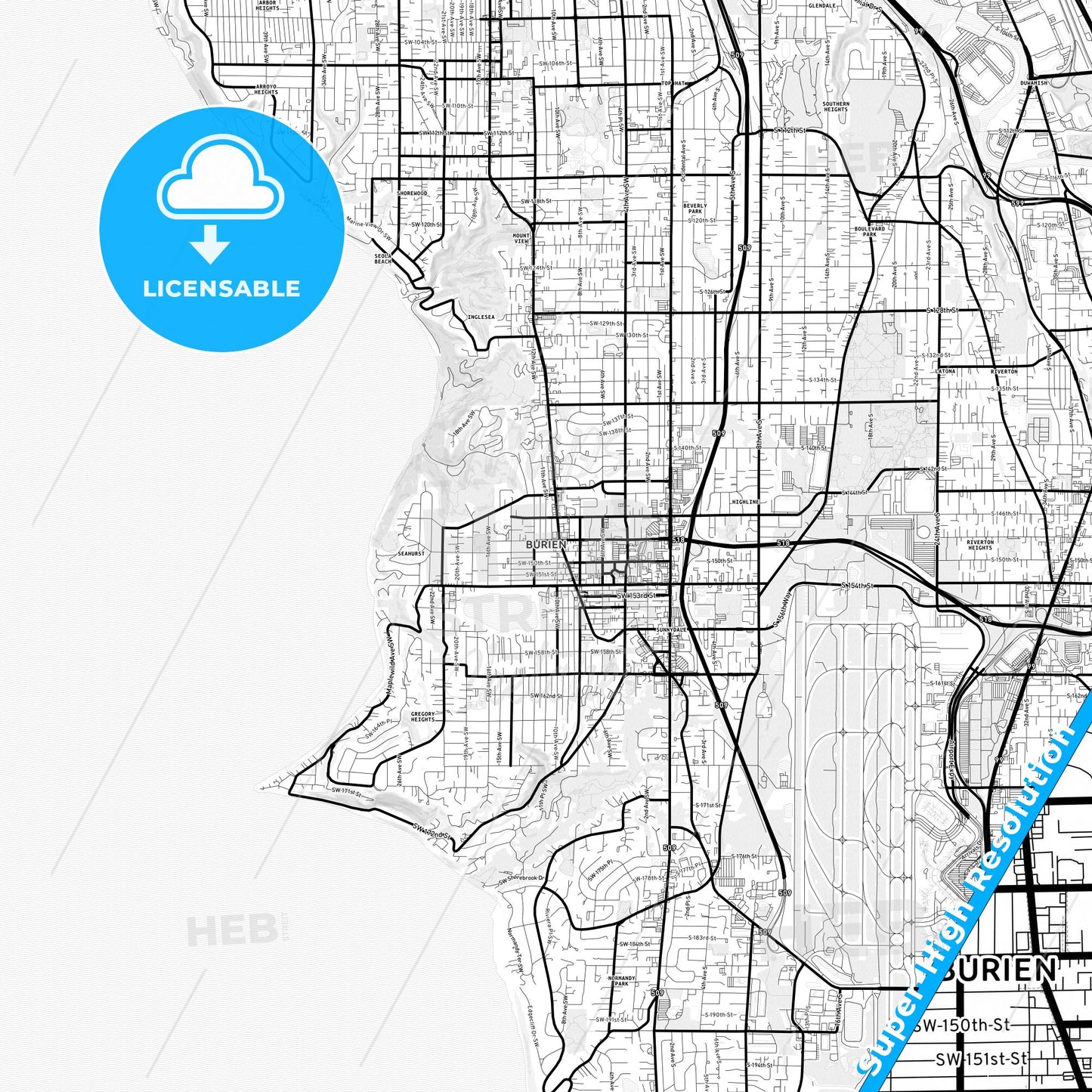 Burien, Washington Light Map with Street Names, City Names, and Districts