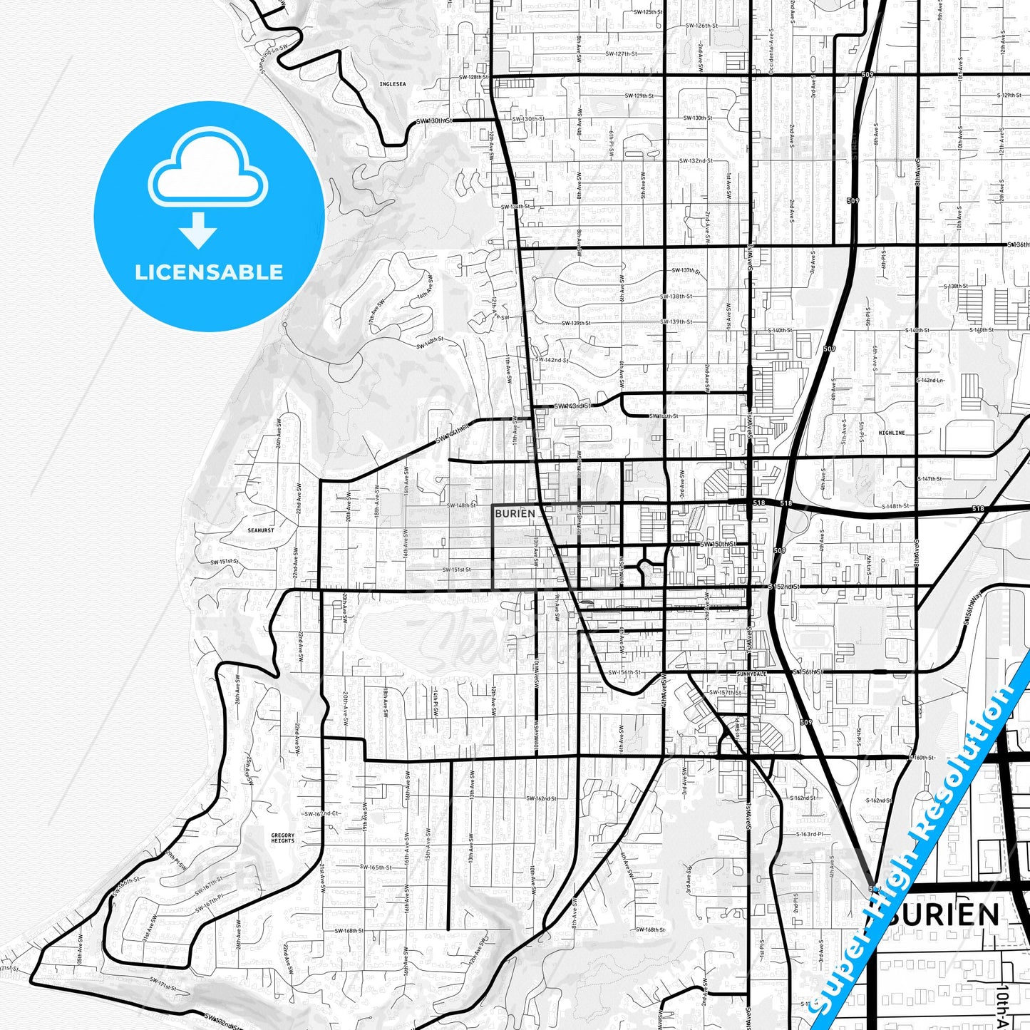 Burien, Washington Light Map with Street Names, City Names, and Districts