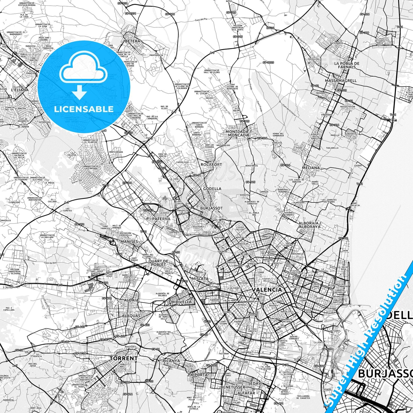 Burjassot, Spain light map with streetnames, citynames and districts