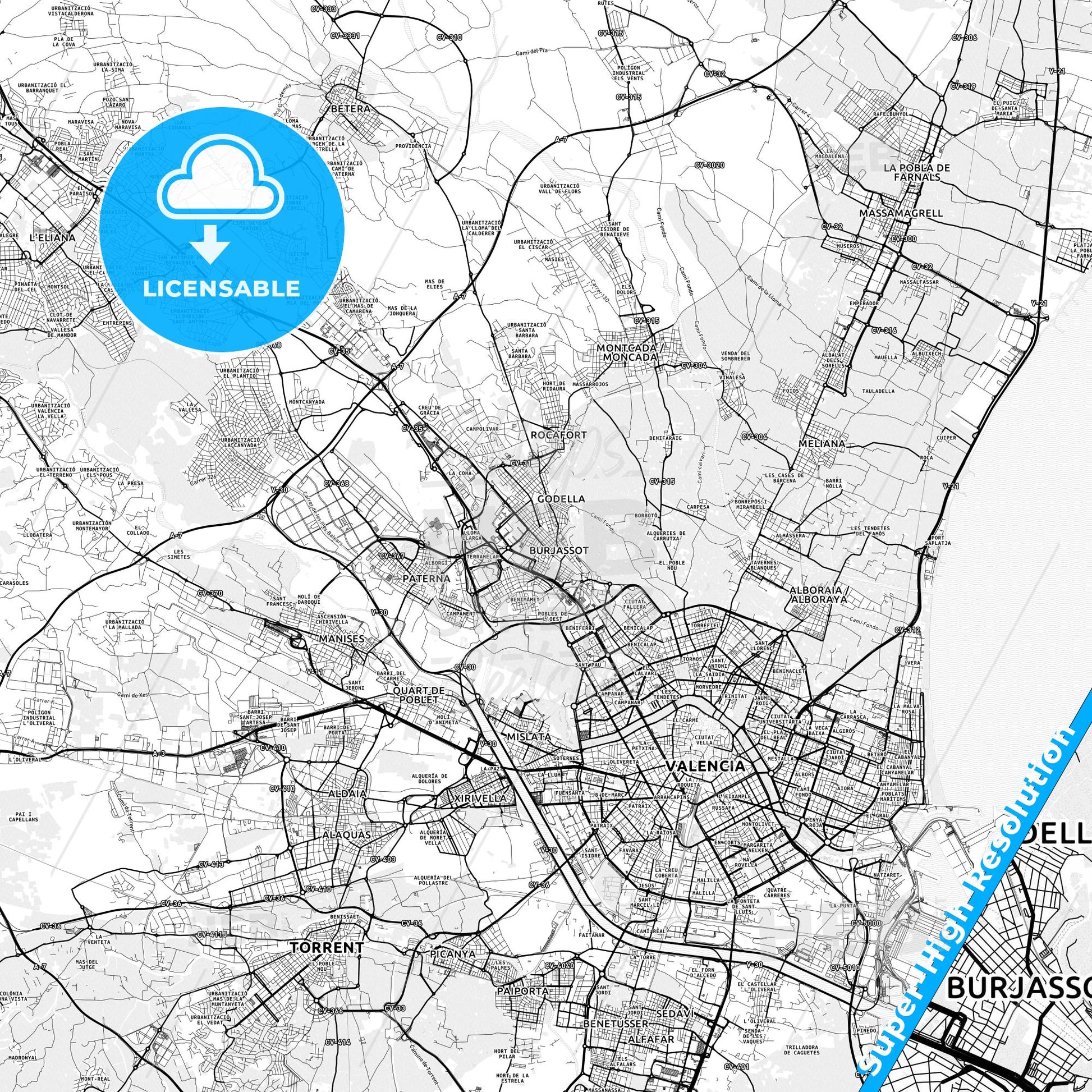 Burjassot, Spain light map with streetnames, citynames and districts