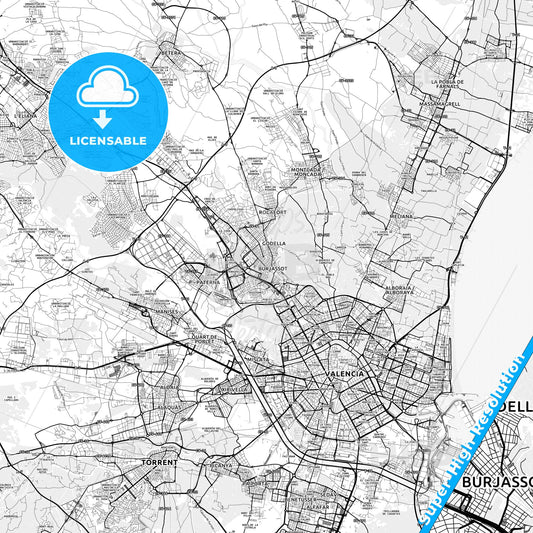 Burjassot, Spain light map with streetnames, citynames and districts