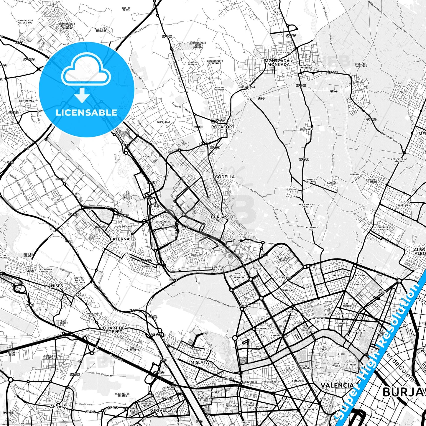 Burjassot, Spain Light Map with Street Names, City Names, and Districts