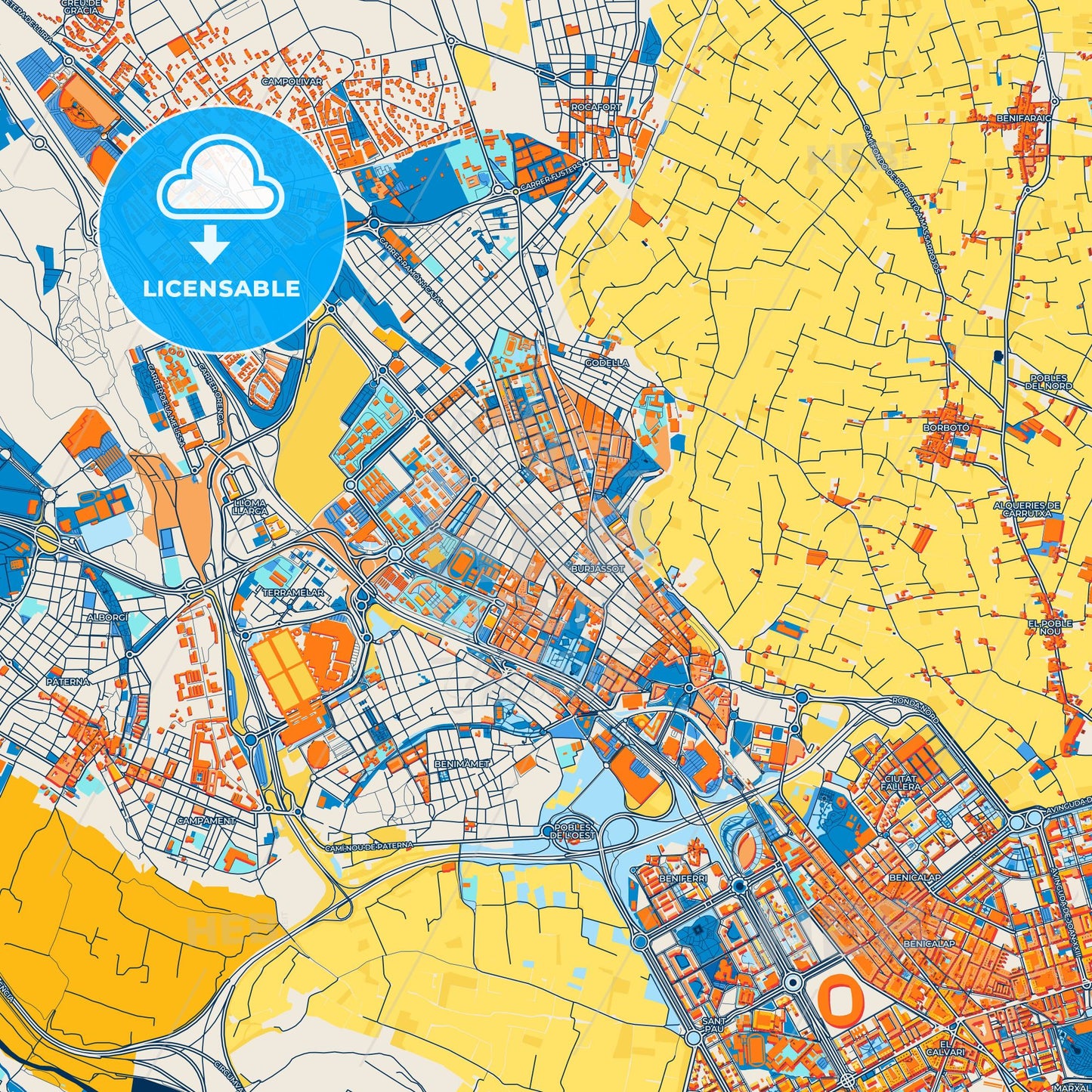 Colorful Burjassot Street Map with Labels and Buildings