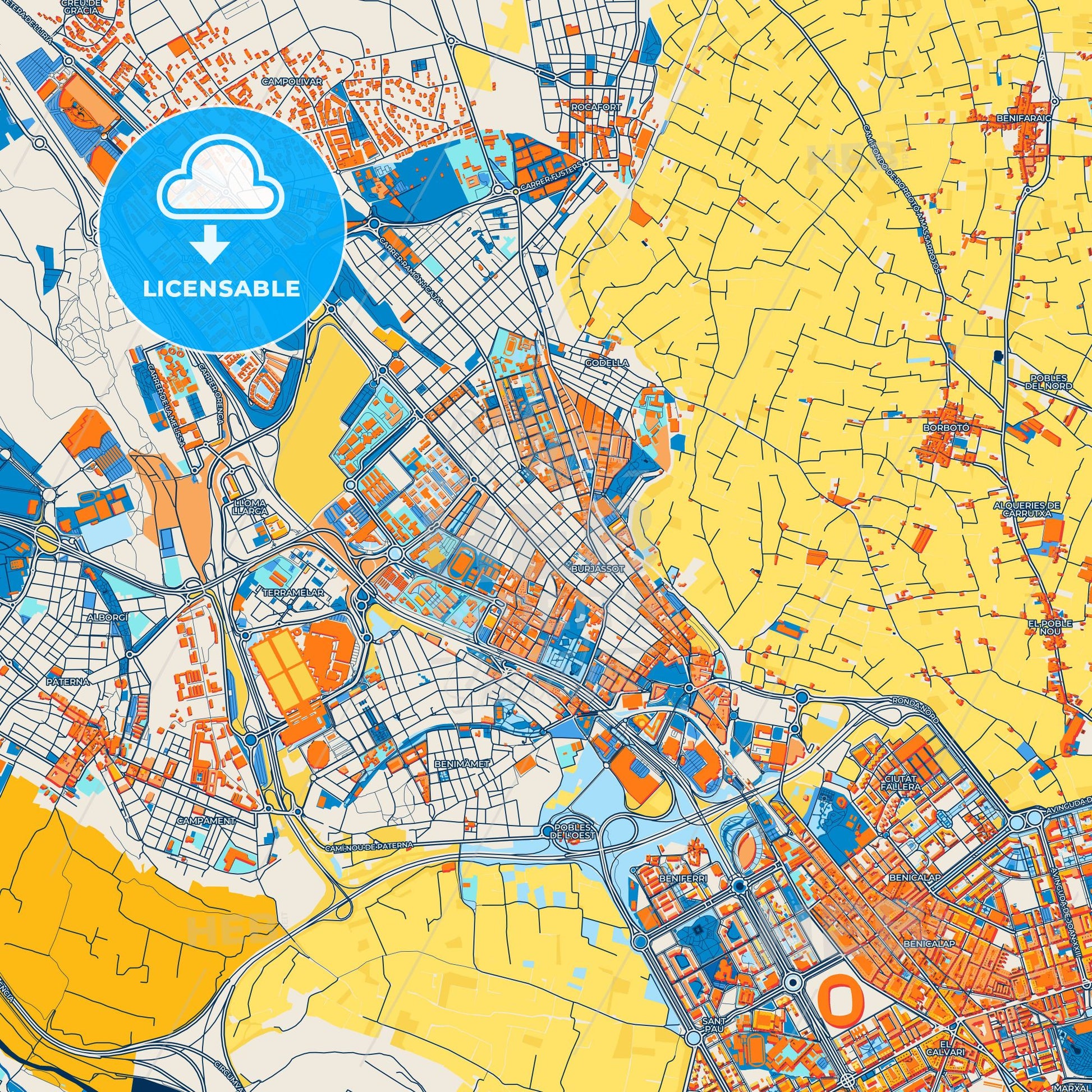Colorful Burjassot Street Map with Labels and Buildings