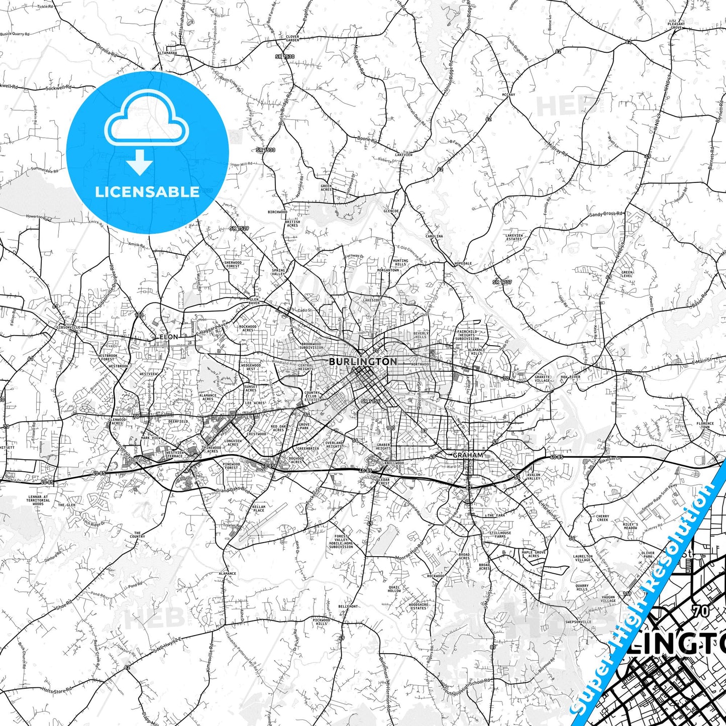 Burlington, North Carolina light map with streetnames, citynames and districts