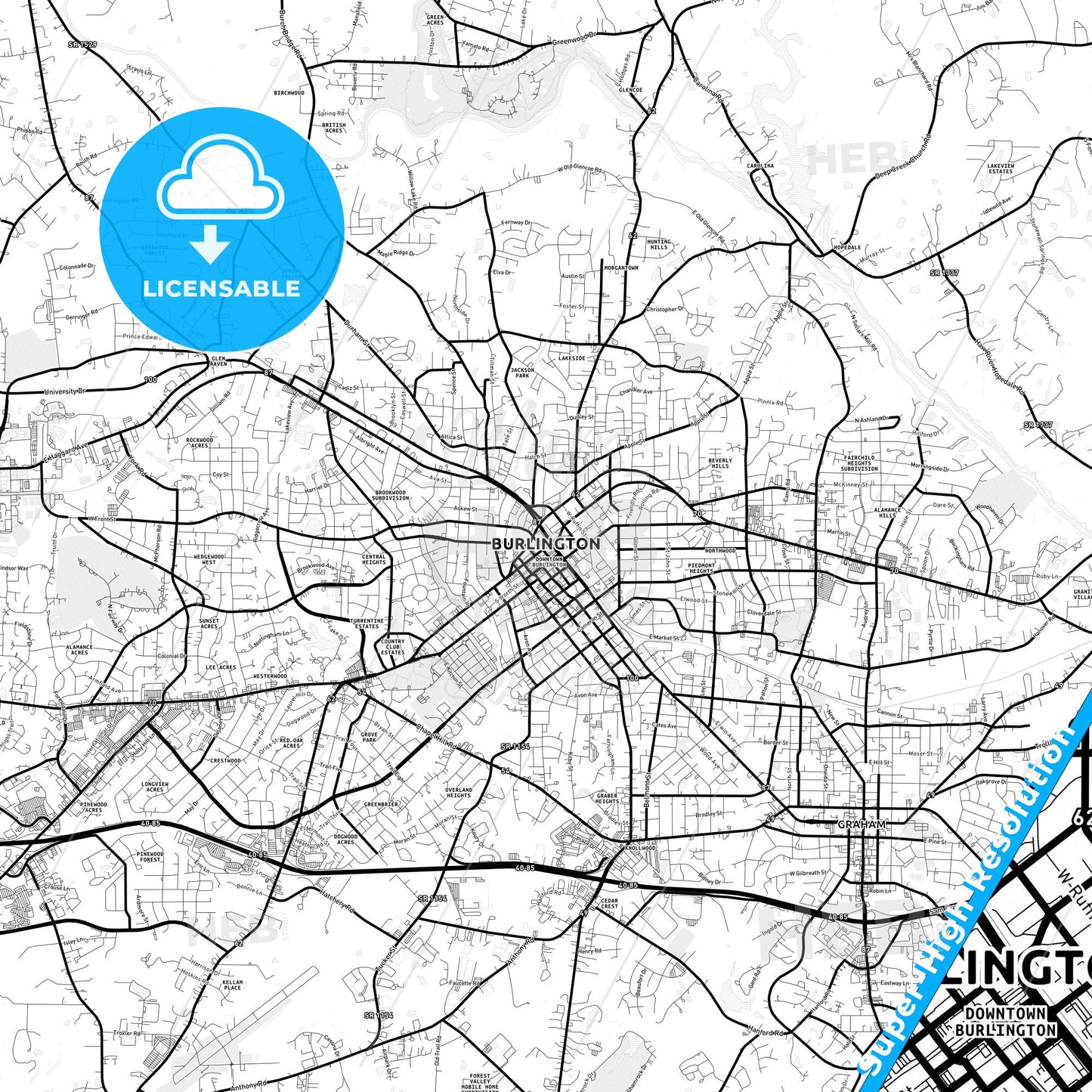 Burlington, North Carolina Light Map with Street Names, City Names, and Districts