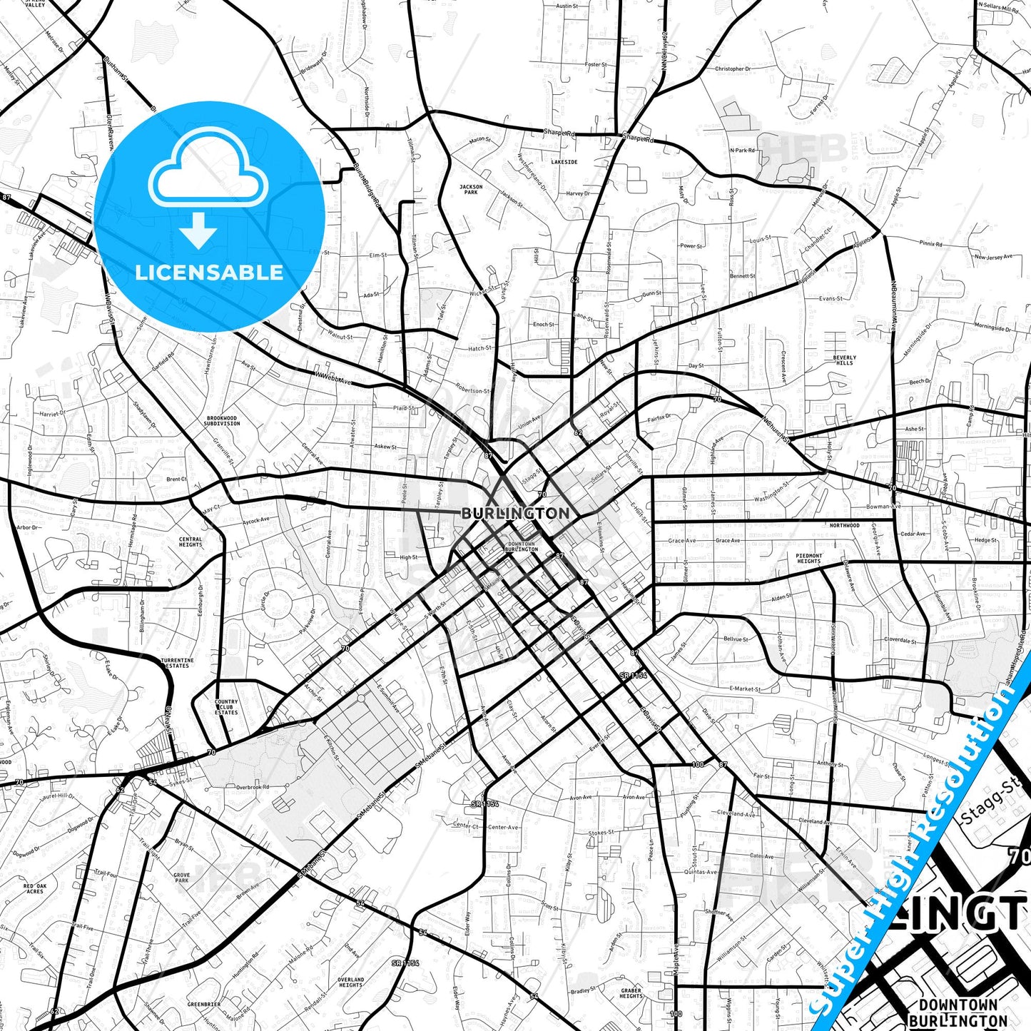 Burlington, North Carolina Light Map with Street Names, City Names, and Districts