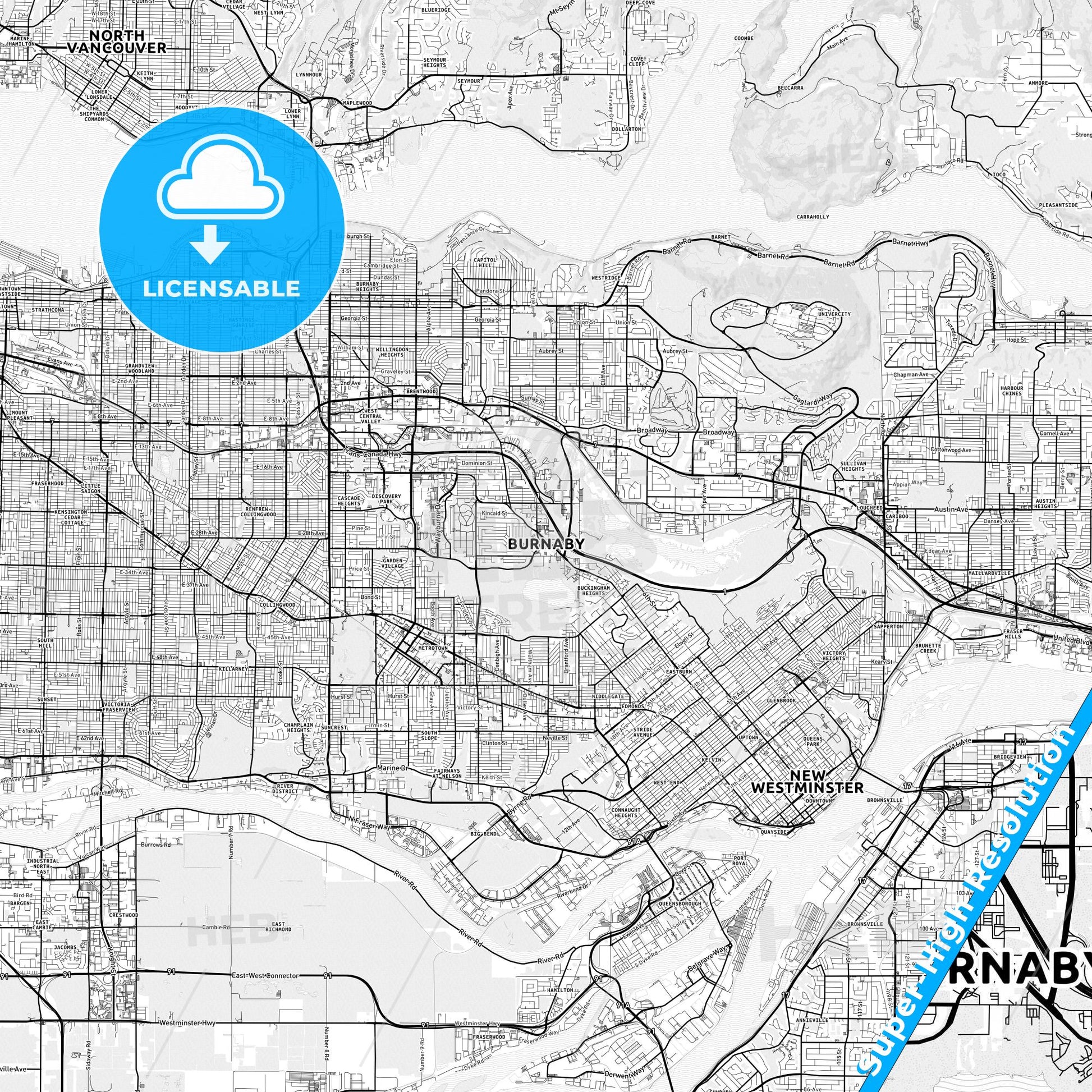 Burnaby, Canada light map with streetnames, citynames and districts