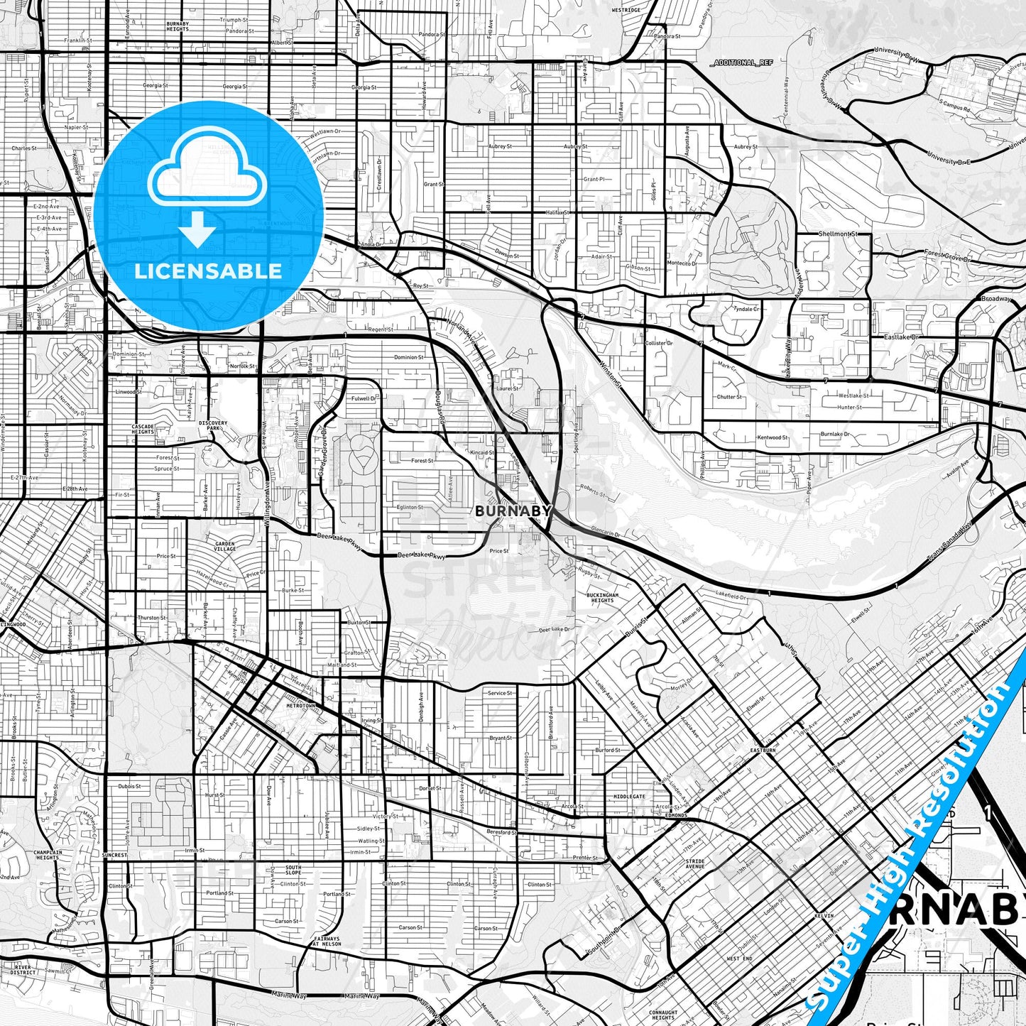 Burnaby, Canada Light Map with Street Names, City Names, and Districts
