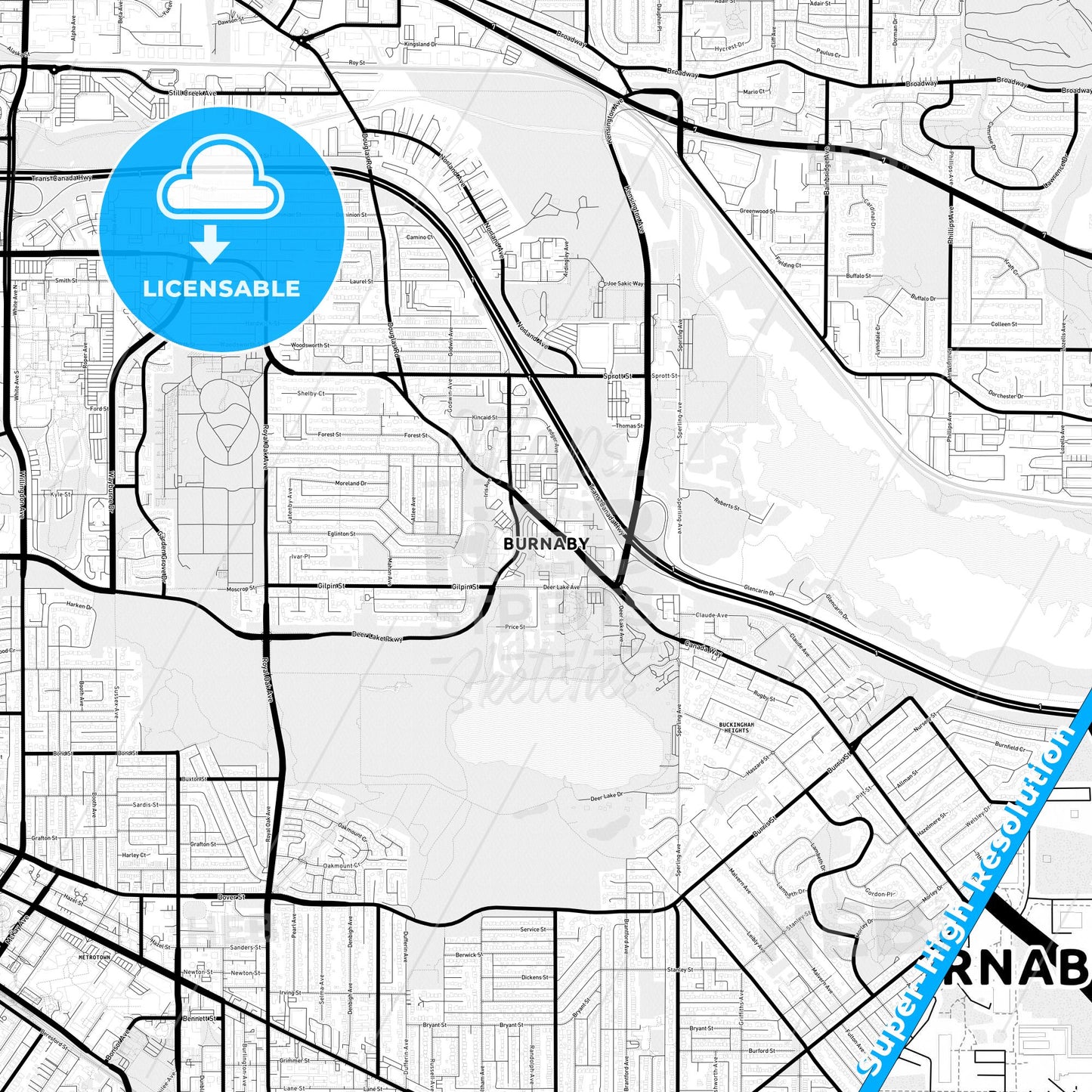 Burnaby, Canada Light Map with Street Names, City Names, and Districts