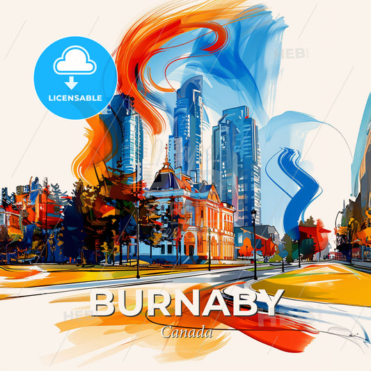 Vibrant Burnaby, Canada - A Painting Of A City With Buildings And Trees - Square format print template