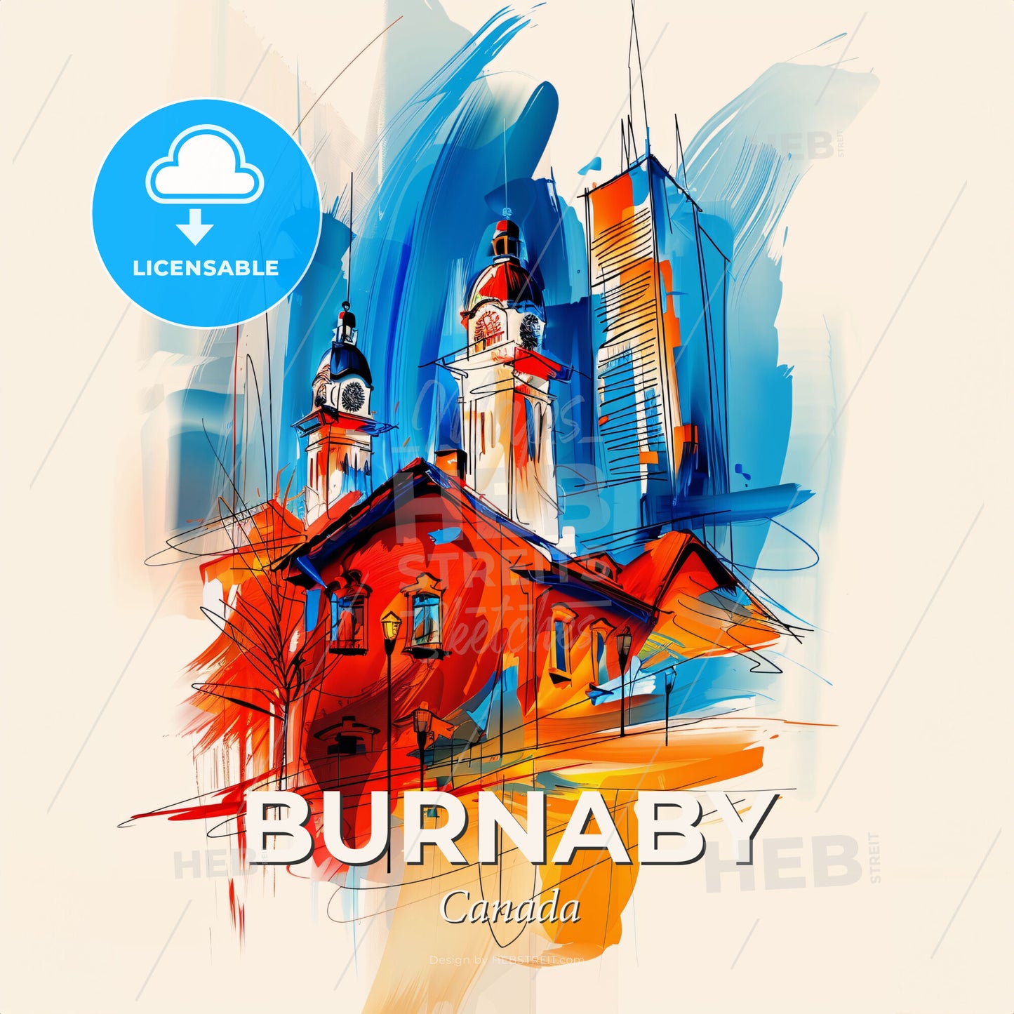 Vibrant Burnaby, Canada - A Painting Of A Building With Towers And A City In The Background - Square format print template