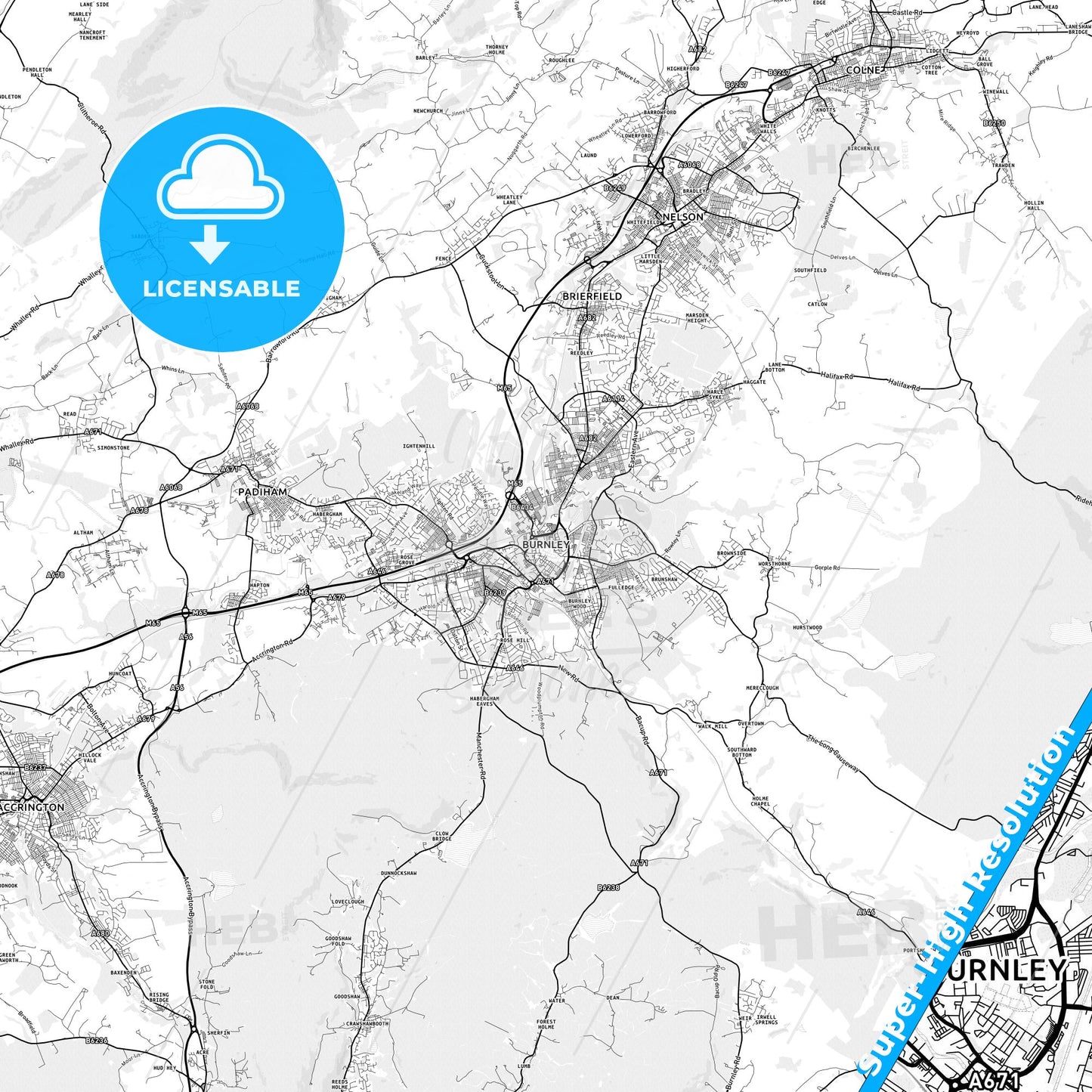 Burnley, England light map with streetnames, citynames and districts