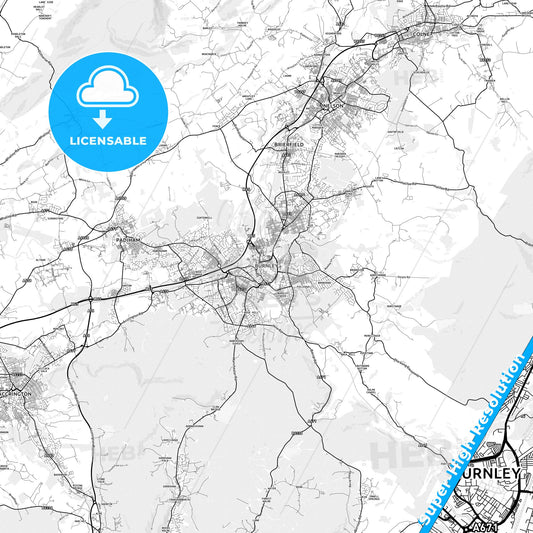 Burnley, England light map with streetnames, citynames and districts