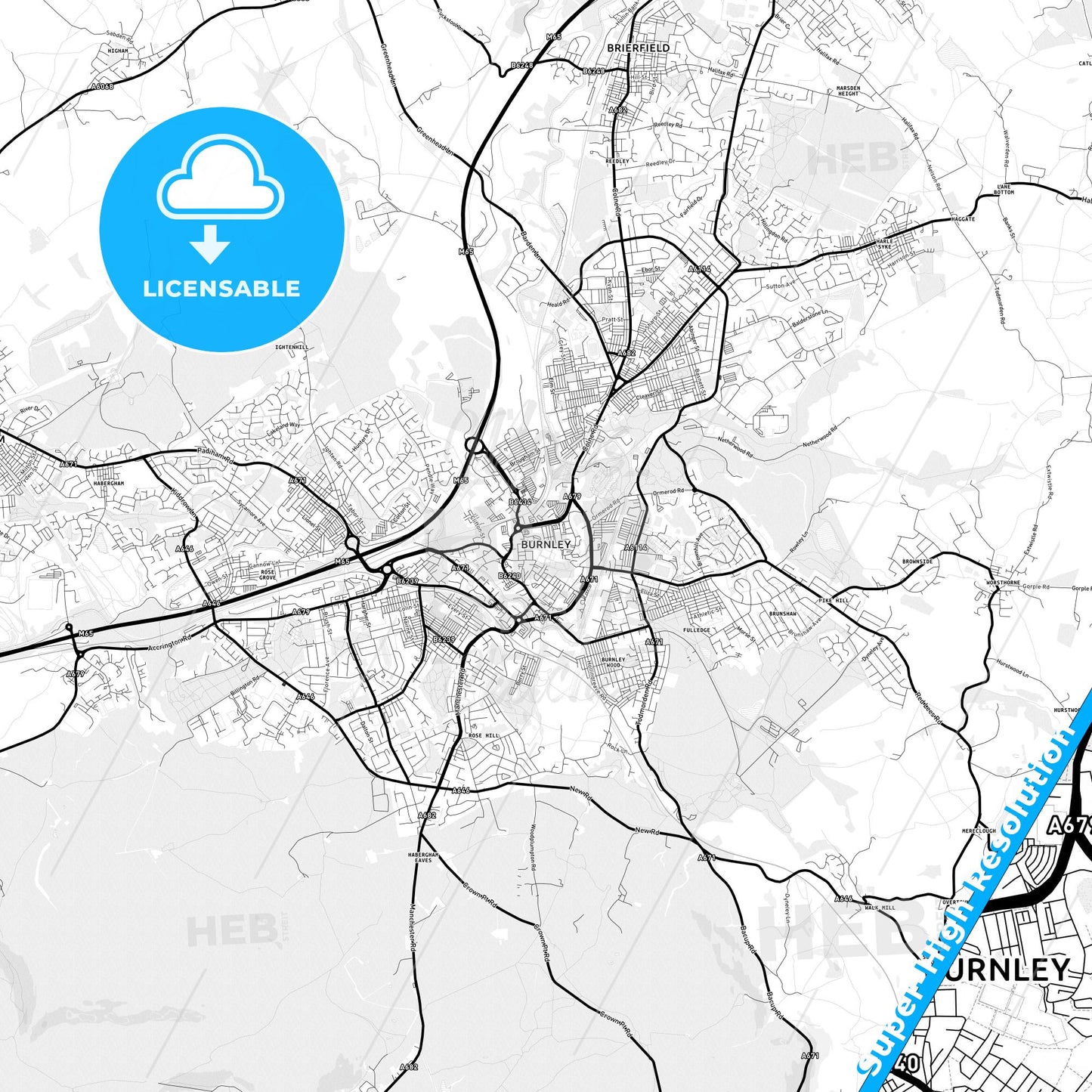 Burnley, England Light Map with Street Names, City Names, and Districts