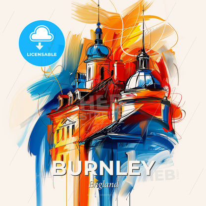 Vibrant Burnley, England - A Painting Of A Building With A Colorful Background - Square format print template