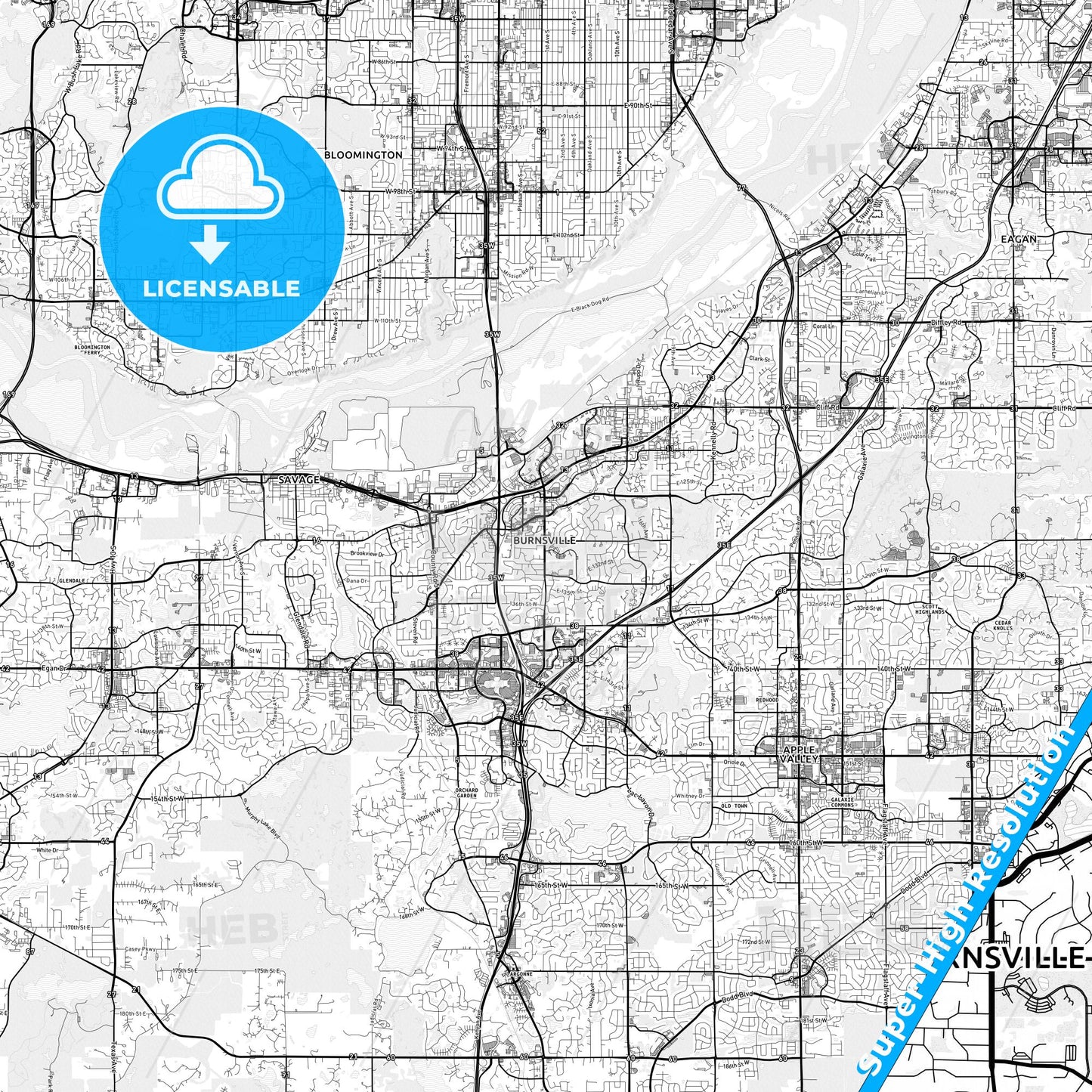 Burnsville, Minnesota light map with streetnames, citynames and districts