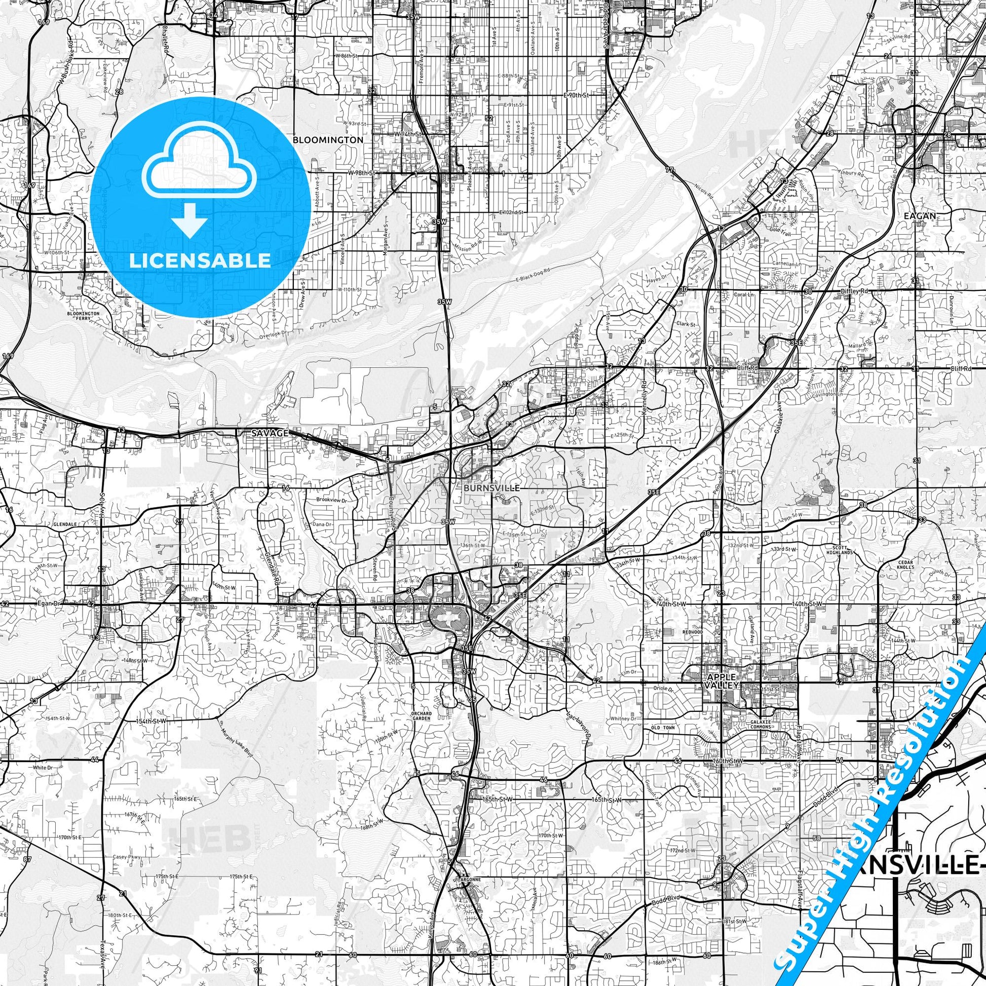 Burnsville, Minnesota light map with streetnames, citynames and districts