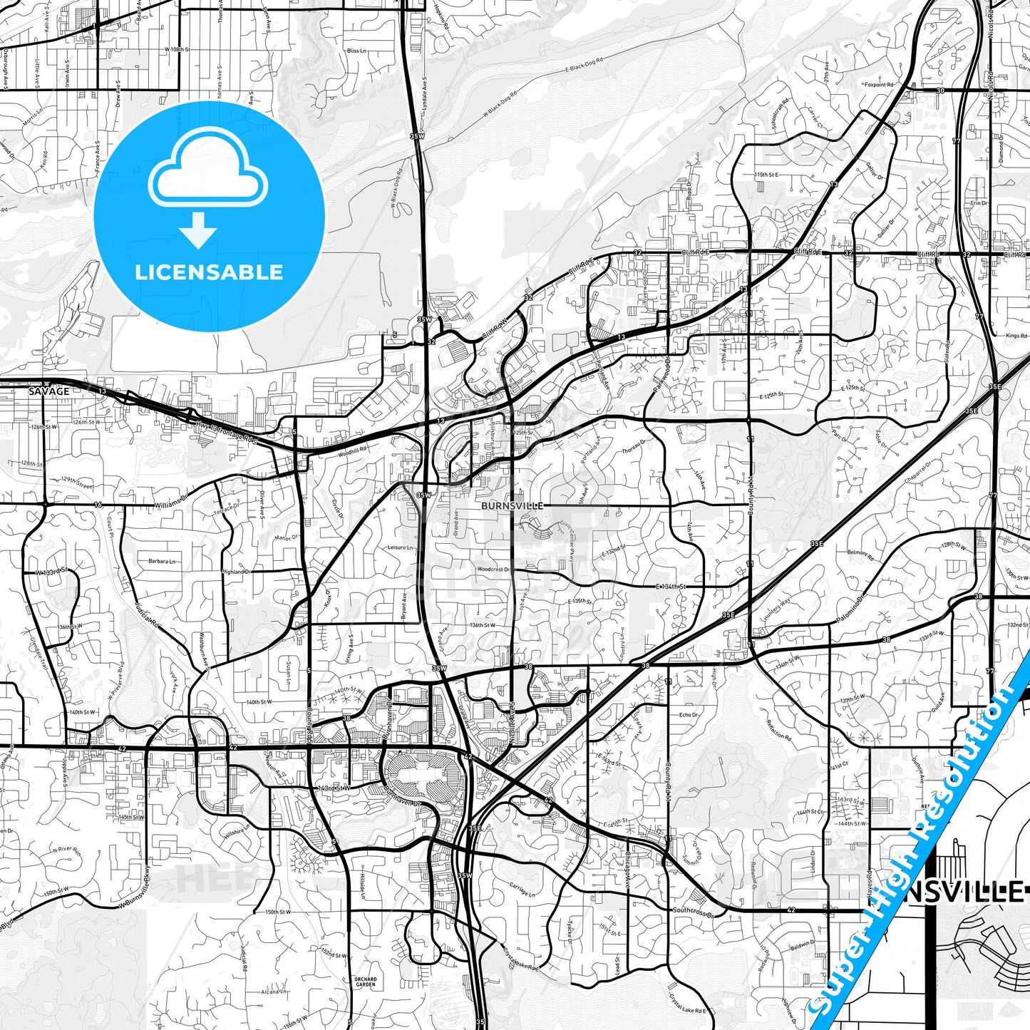 Burnsville, Minnesota Light Map with Street Names, City Names, and Districts