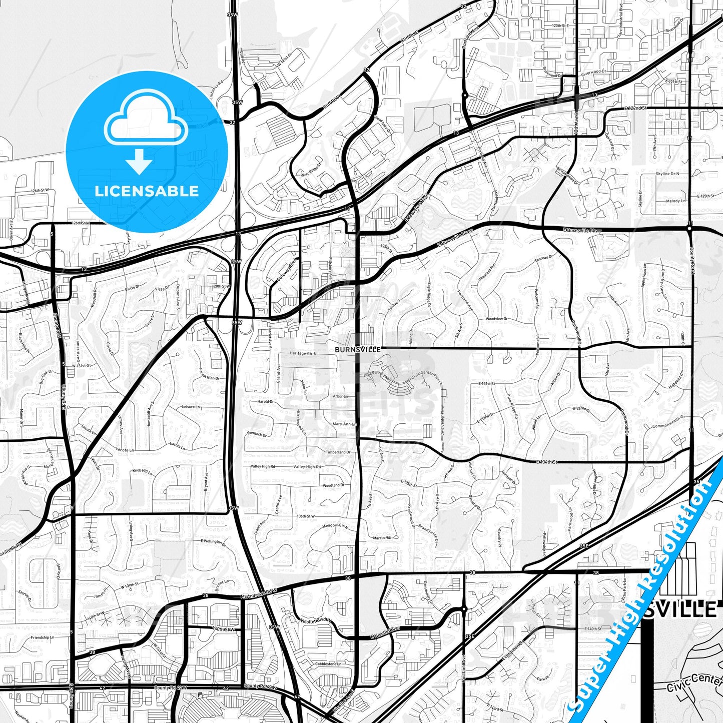 Burnsville, Minnesota Light Map with Street Names, City Names, and Districts