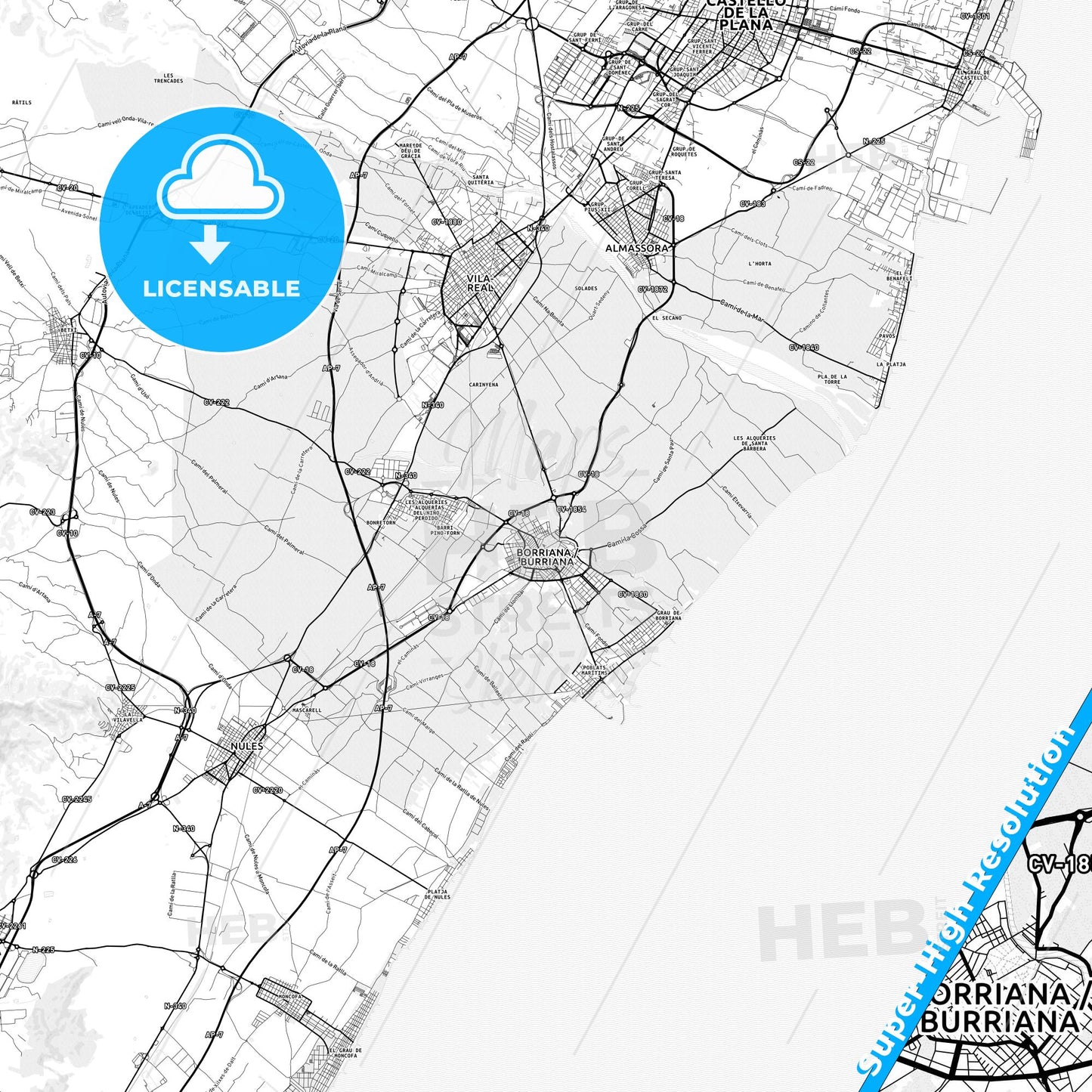 Burriana, Spain light map with streetnames, citynames and districts